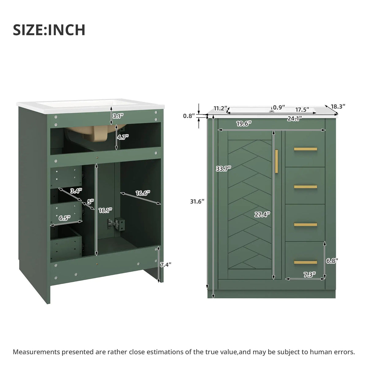 24 Inch Modern Bathroom Vanity | 1 Door 3 Drawers | Ceramic Sink | Compact Footprint