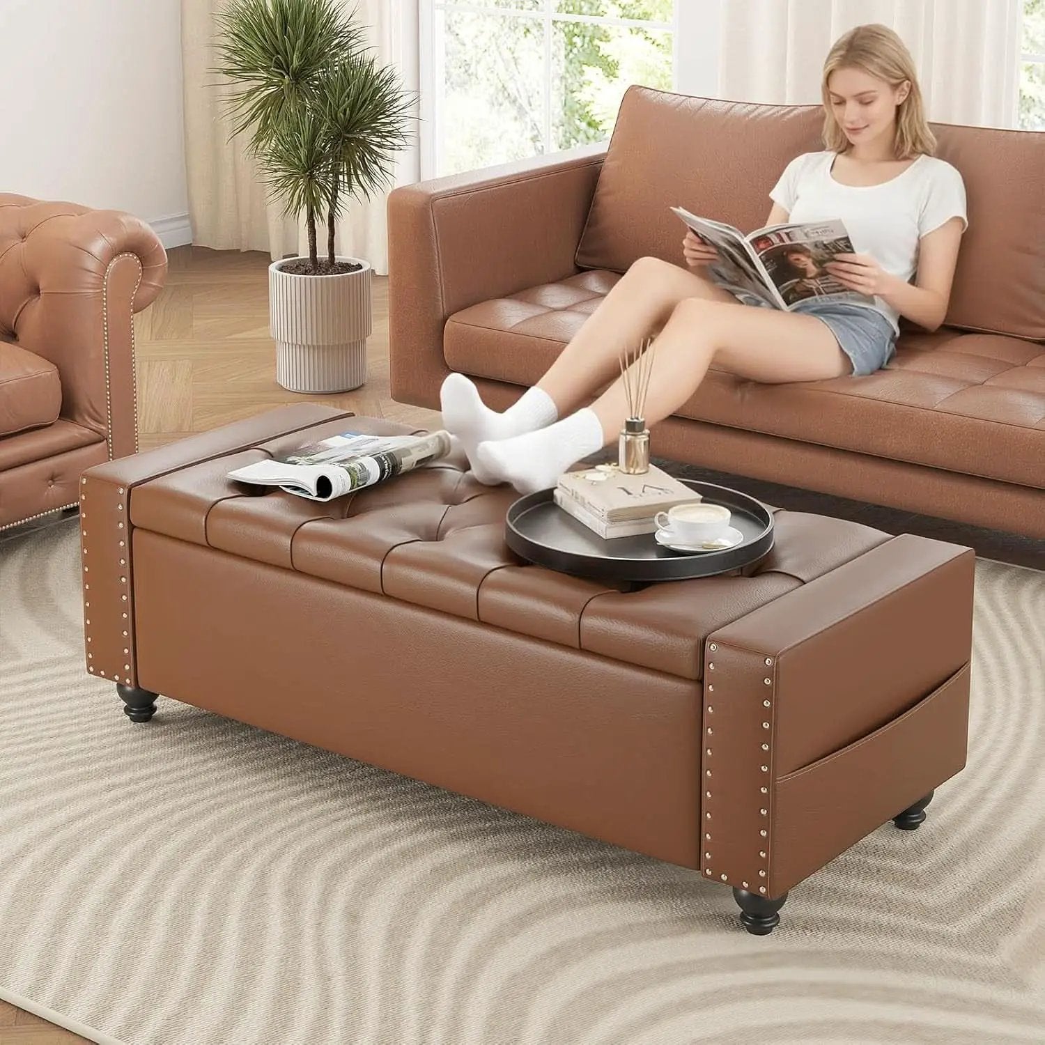 49 Inch Upholstered Storage Ottoman Bench Espresso Brown from PriceLows™