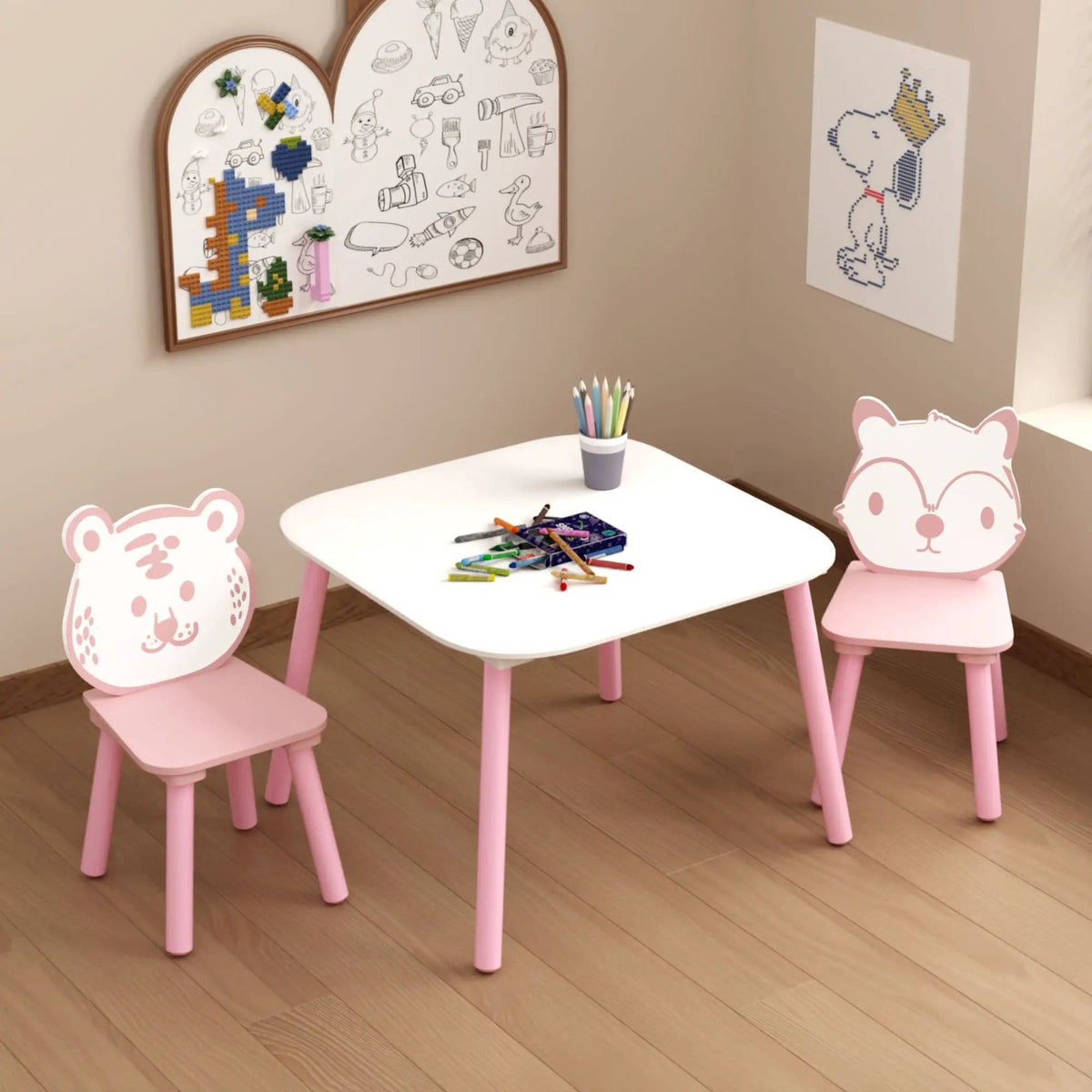 Table And Chair Set, 3 Piece Wooden Toddler Desk With Animal Backrest Pink / | 3-Piece Set | Mdf | White