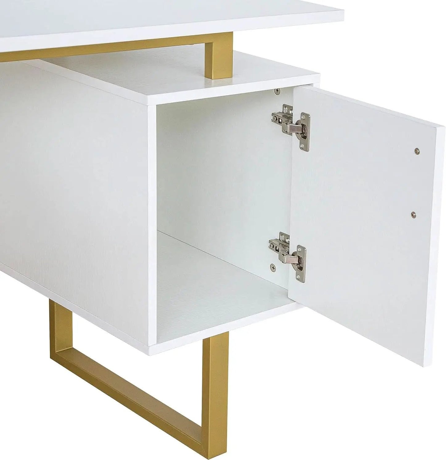51 Inch White And Gold Desk With Storage Cabinet Drawers from PriceLows™
