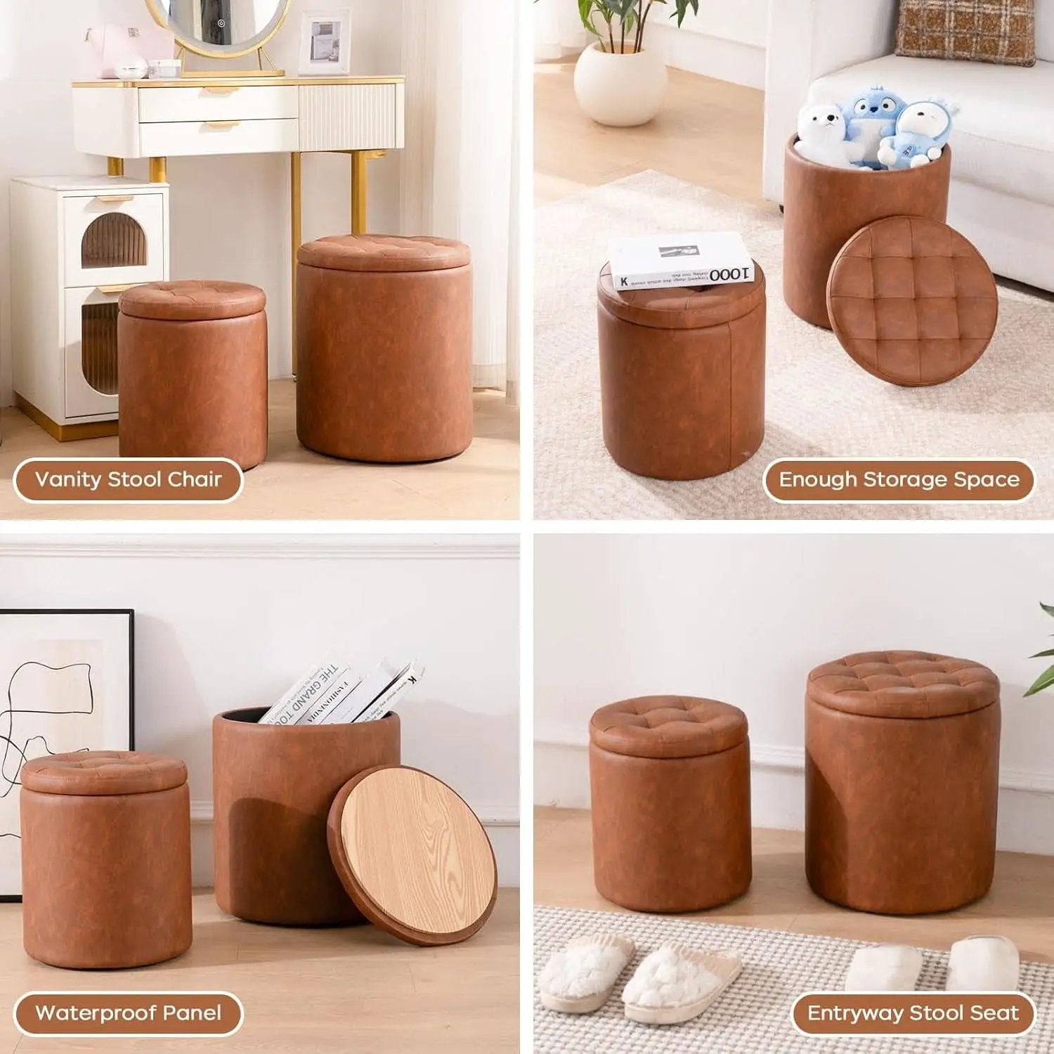 Dark Brown Faux Leather Round Storage Ottoman from PriceLows™