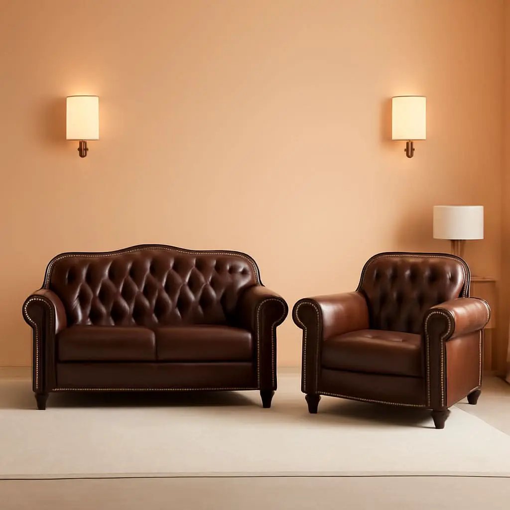 2 Piece Living Room Set Mid-Century Modern Chesterfield Chair Loveseat in Brown PU Leather Edition from PriceLows™