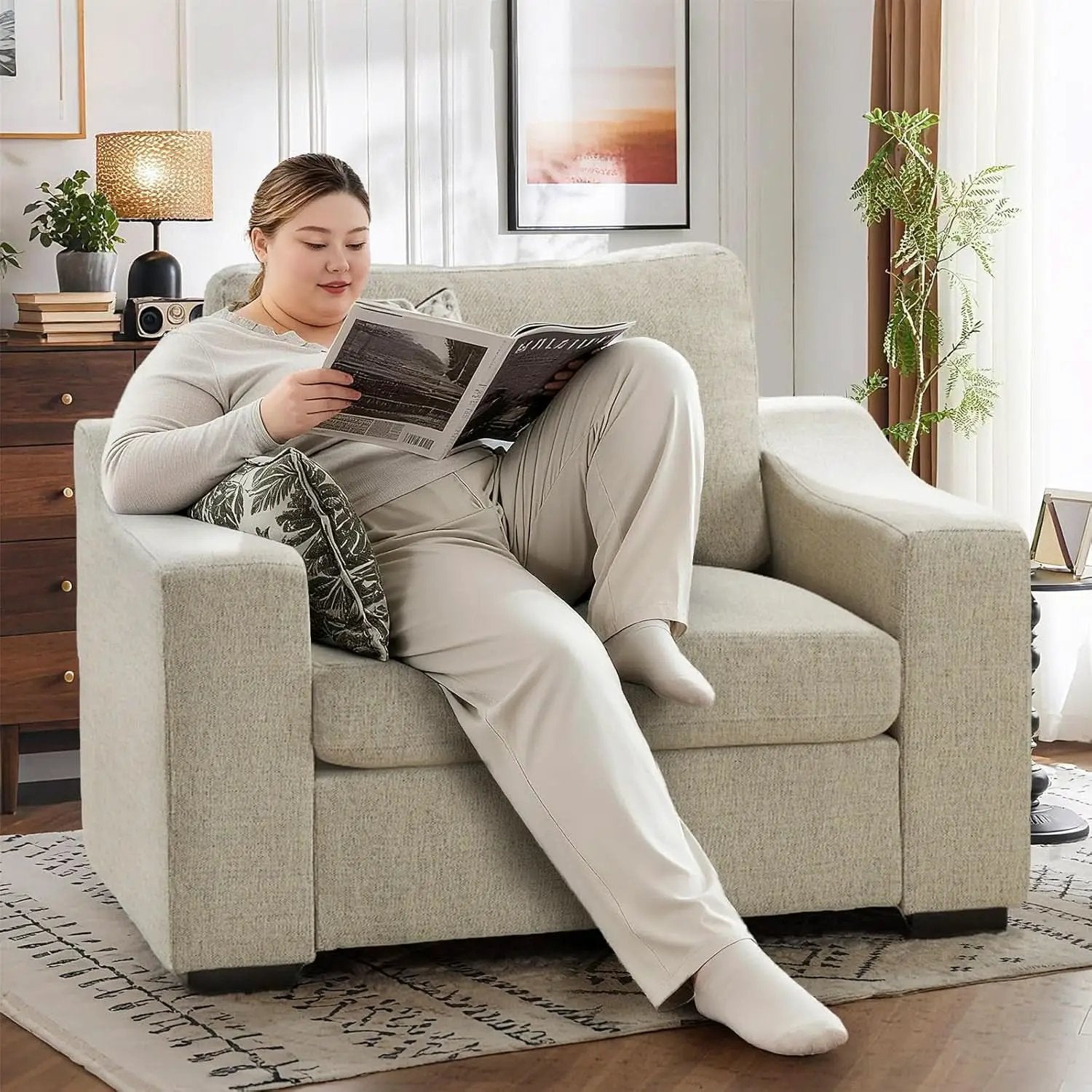 47 Inch Linen Fabric Armchair Pair Oversized Oatmeal from PriceLows™