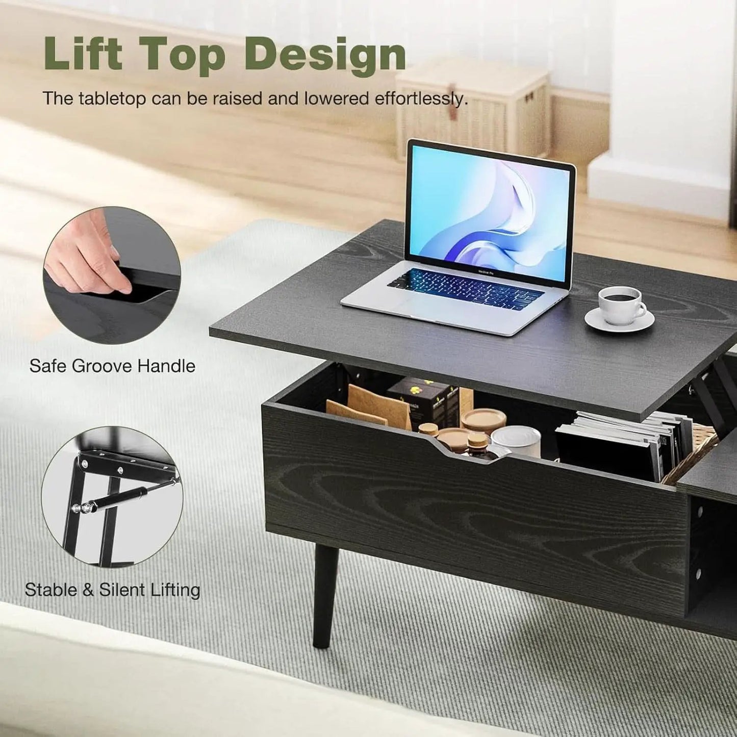 Black Wood Lift Top Coffee Table With Hidden Compartment from PriceLows™