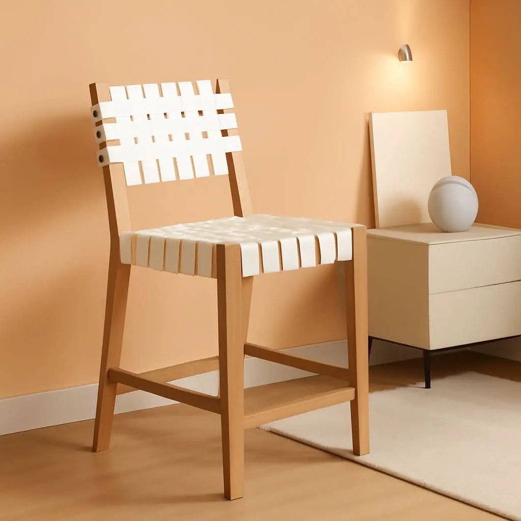 Mid Century Modern Bar Stool With Back In Off White Faux Leather from PriceLows™