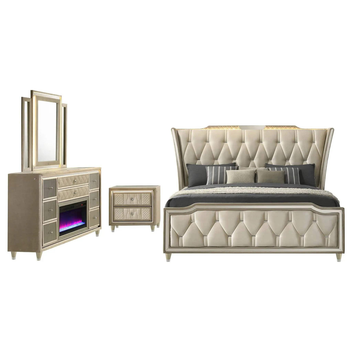 Lorient 4-piece Queen Bedroom Set Ivory and Camel | 4-Piece Set | Rubberwood & Velvet | Bedroom