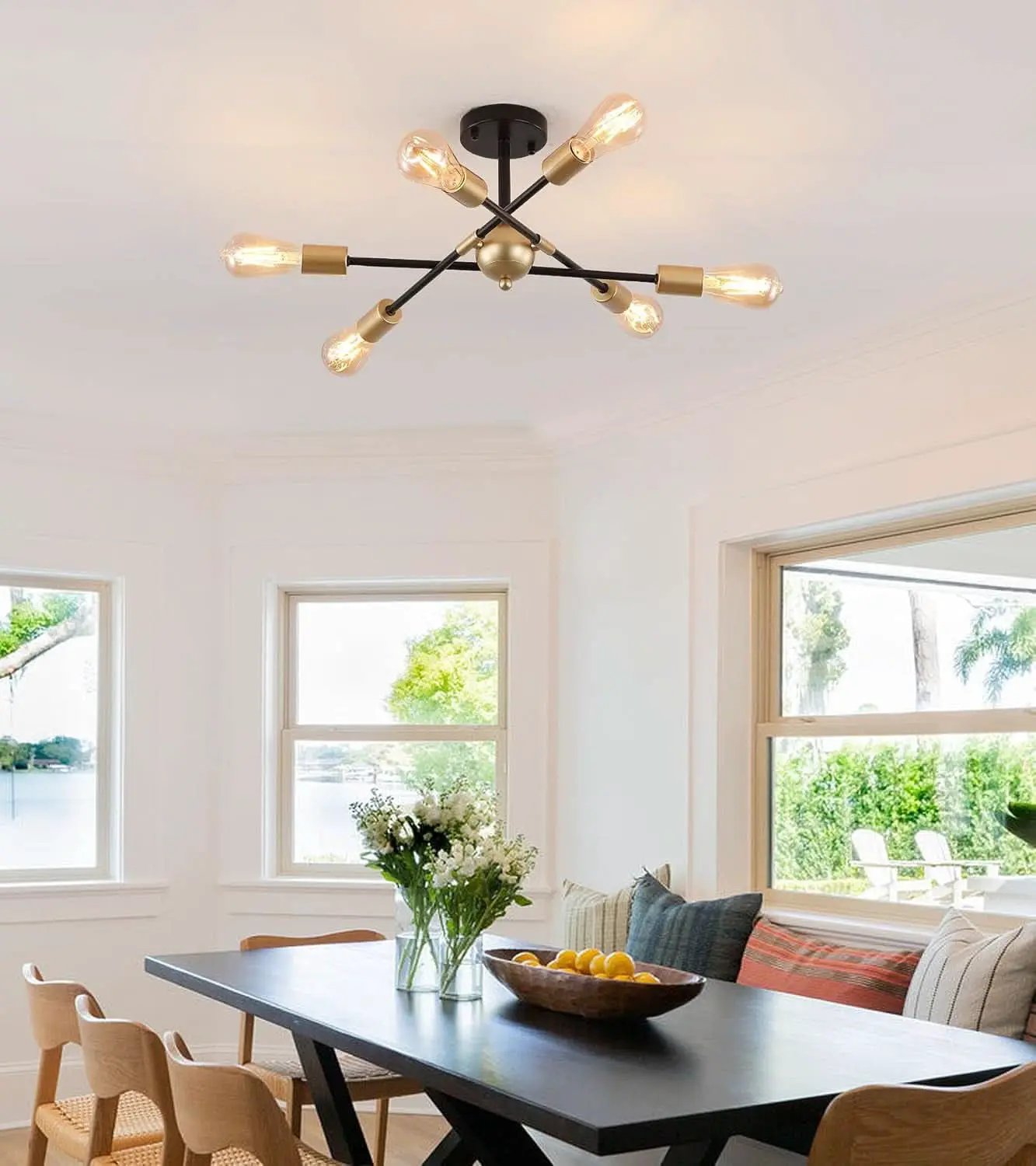 Black And Gold 6 Light Sputnik Ceiling Chandelier Semi Flush Mount UL Listed from PriceLows™