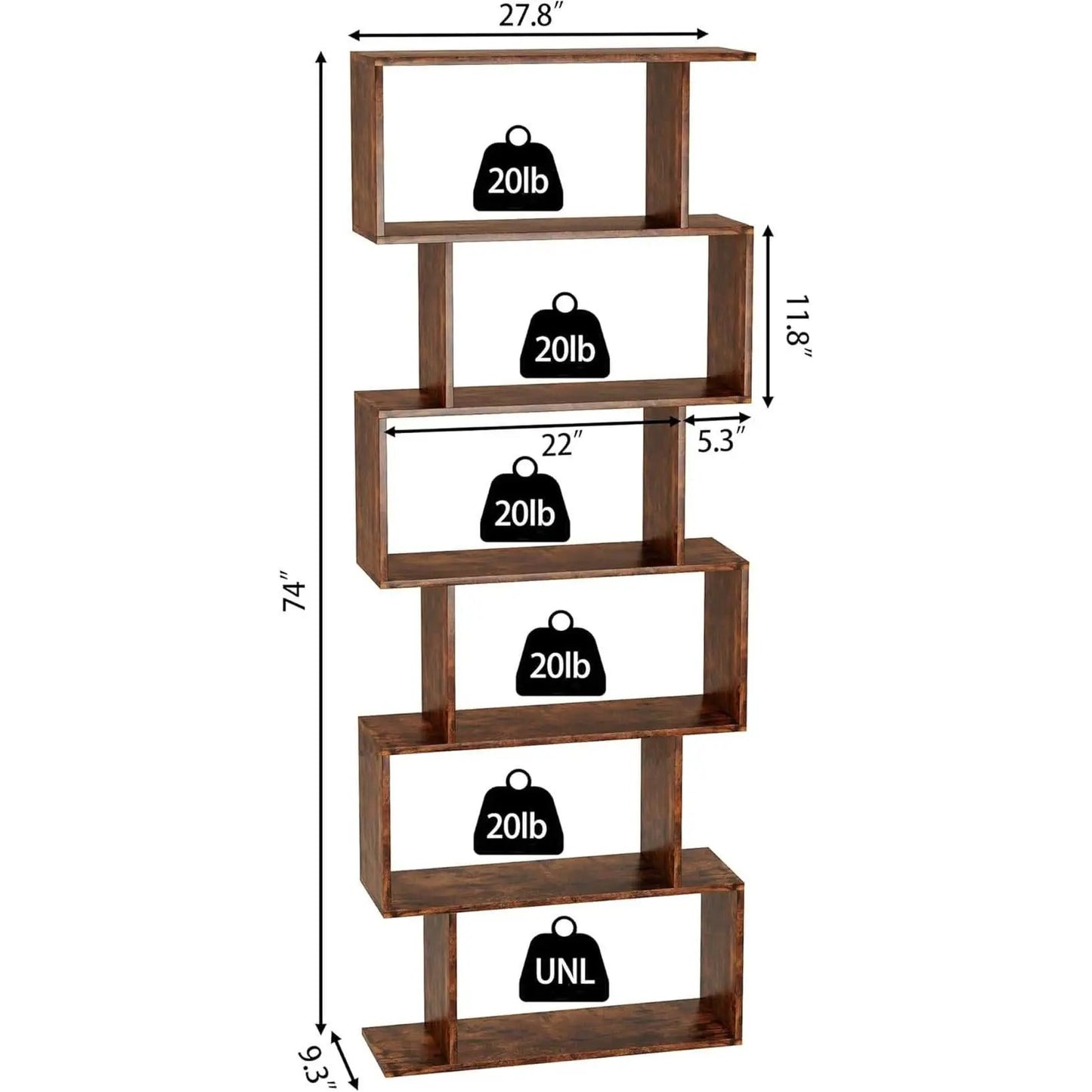 Geometric Bookcase 6 Tier S Shaped Rustic Brown Wood Shelf from PriceLows™