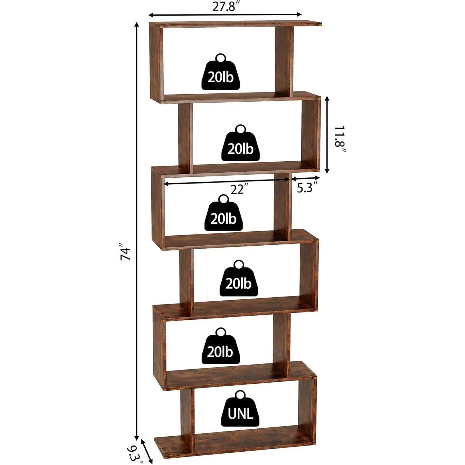 Geometric Bookcase 6 Tier S Shaped Rustic Brown Wood Shelf from PriceLows™