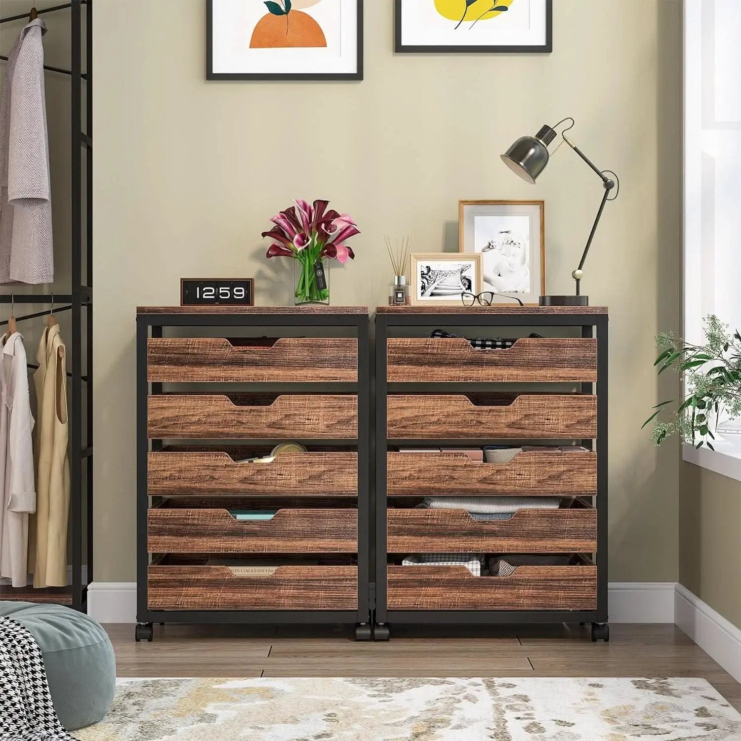 Industrial Five Drawer Wood Dresser Cart BrownFinish from PriceLows™