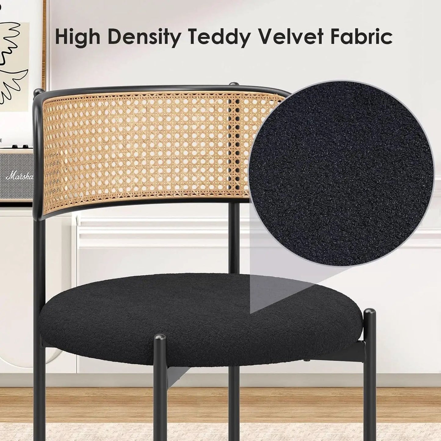Set Of 4 Dining Chairs Mid Century Modern Rattan Back Upholstered Sherpa Black from PriceLows™