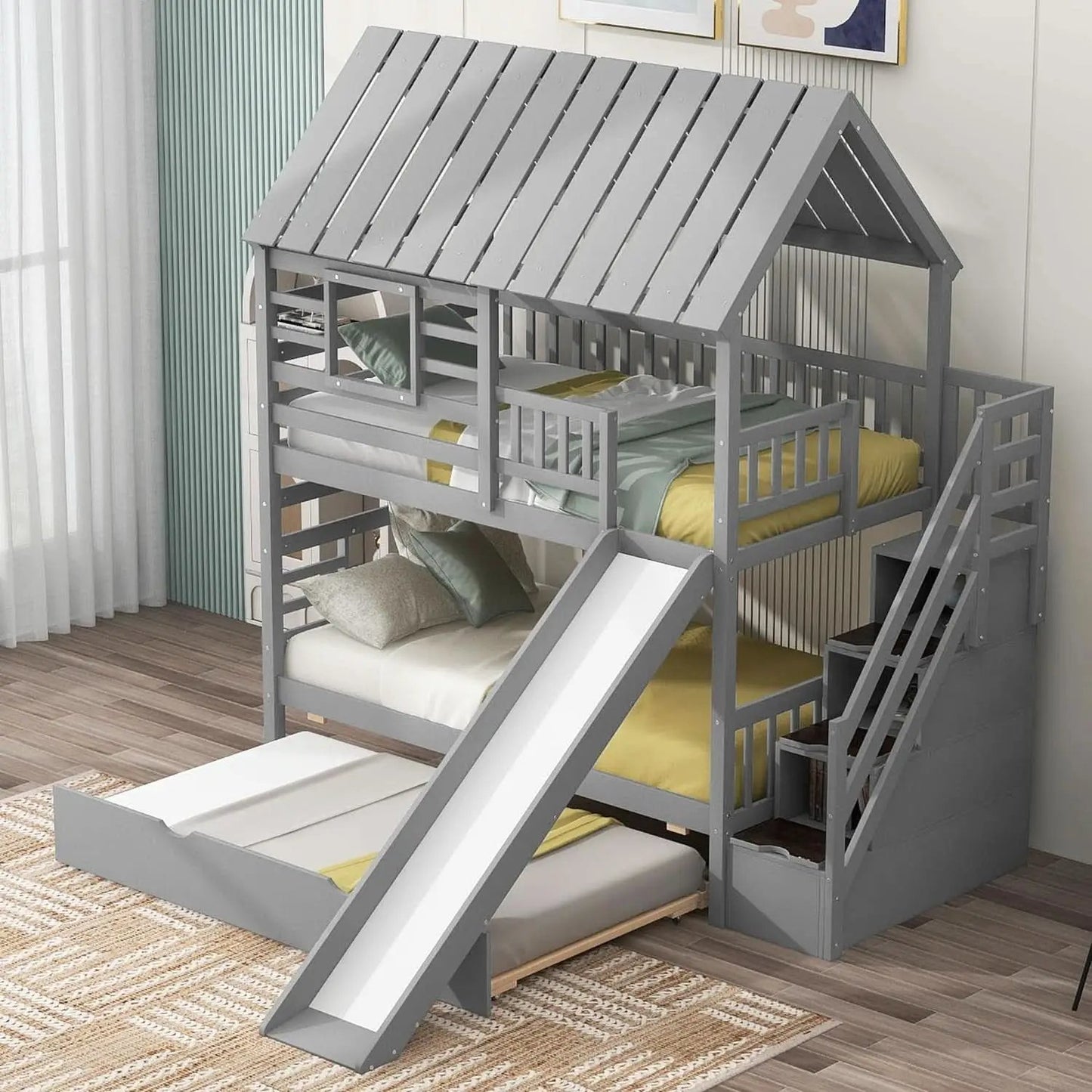 Twin Over Twin Bunk Bed With Slide For Kids Room Decor from PriceLows™