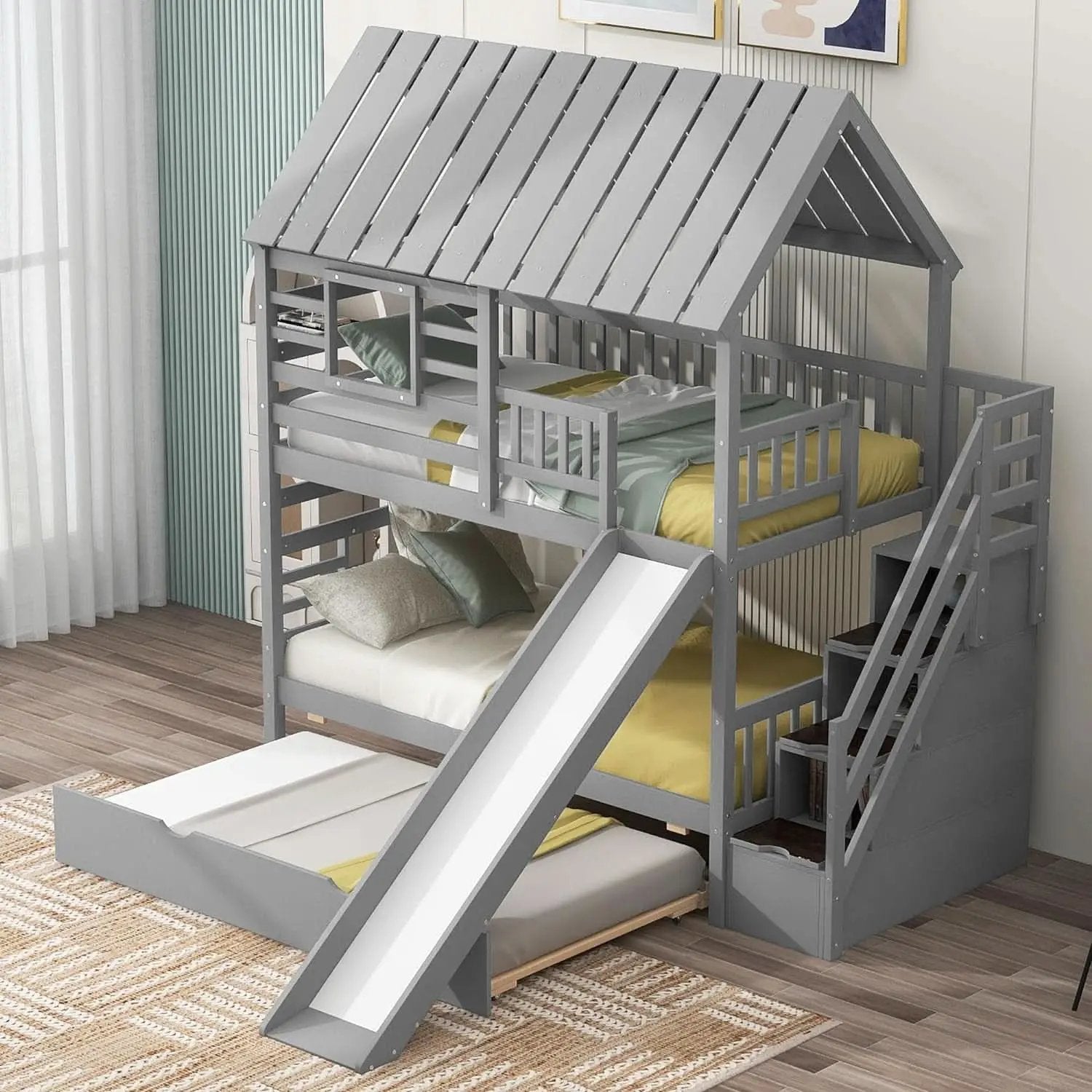Twin Over Twin Bunk Bed With Slide For Kids Room Decor from PriceLows™