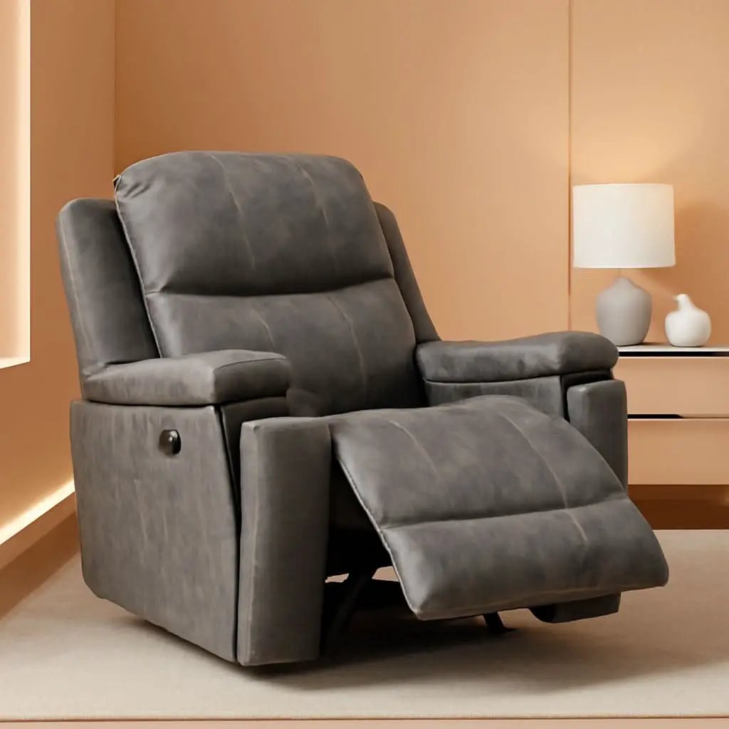 Grey Leather Recliner Chair With Cup Holders Living Room from PriceLows™