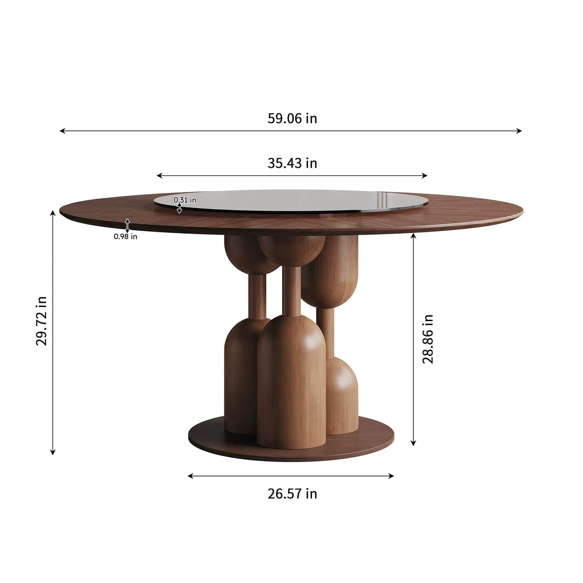 Round Dining Table With Lazy Susan For Living Room - | 59 x 59 x 29.5 in | Walnut & Wood | Walnut