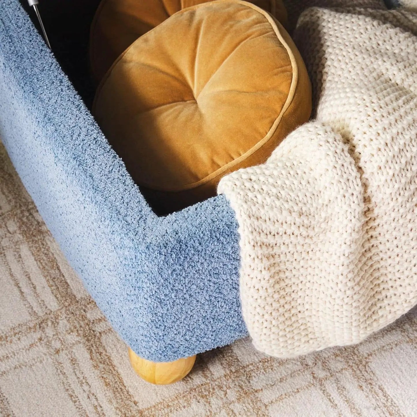 Oversized Large Soft Blue Boucle Fabric Storage Ottoman from PriceLows™