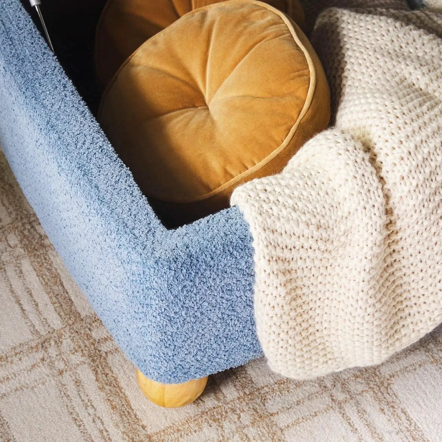 Oversized Large Soft Blue Boucle Fabric Storage Ottoman from PriceLows™