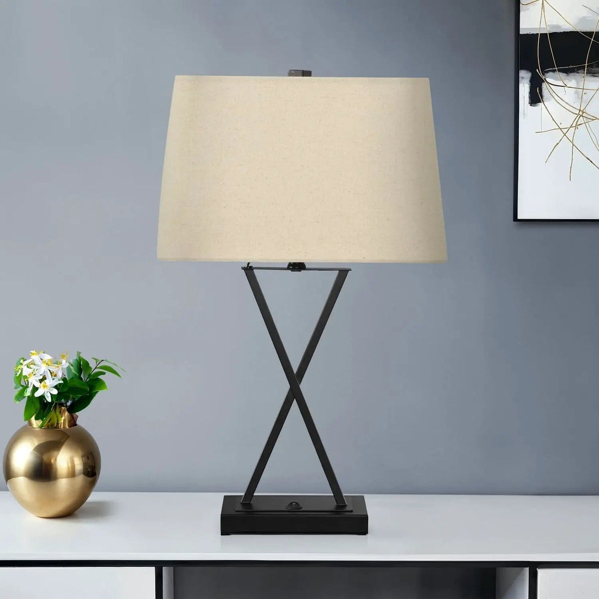 Lighting, Table Lamp, USB Port Included, Resin, Transitional - | 15 x 10 x 24.5 in | Linen & Metal | Black