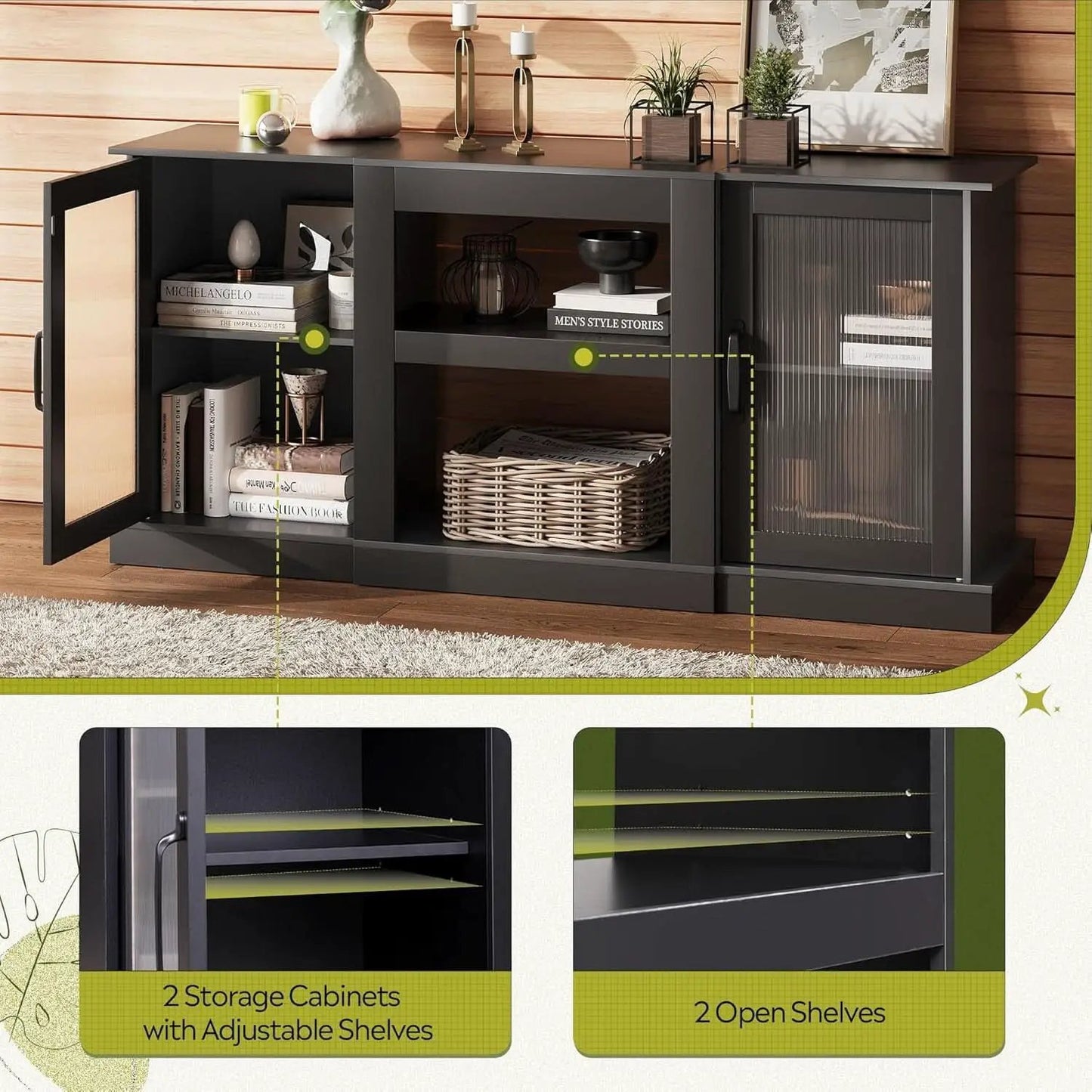 Retro TV Stand For 65 Inch TV With Storage And Open Shelves Black from PriceLows™