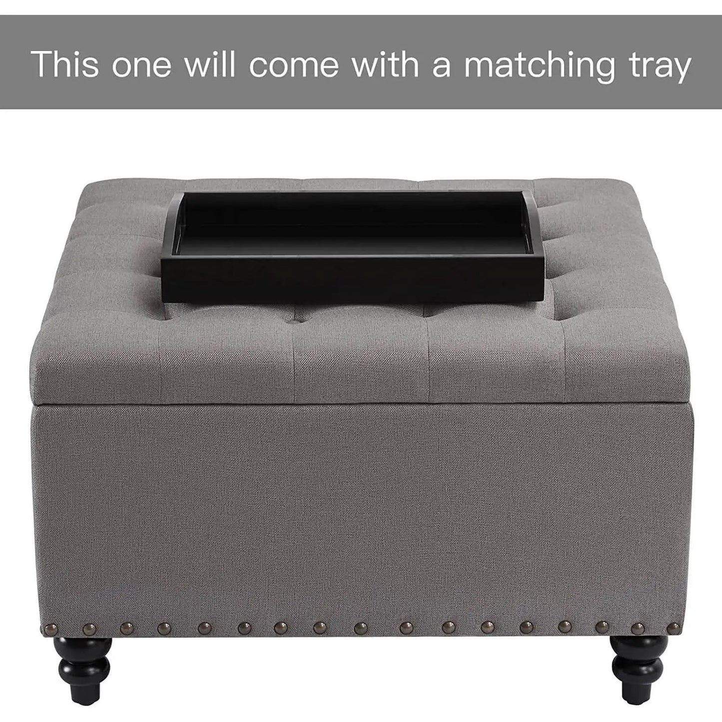 Grey Tufted Storage Ottoman With Tray Square Coffee Table from PriceLows™