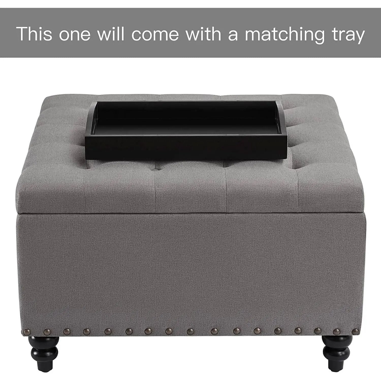 Grey Tufted Storage Ottoman With Tray Square Coffee Table from PriceLows™