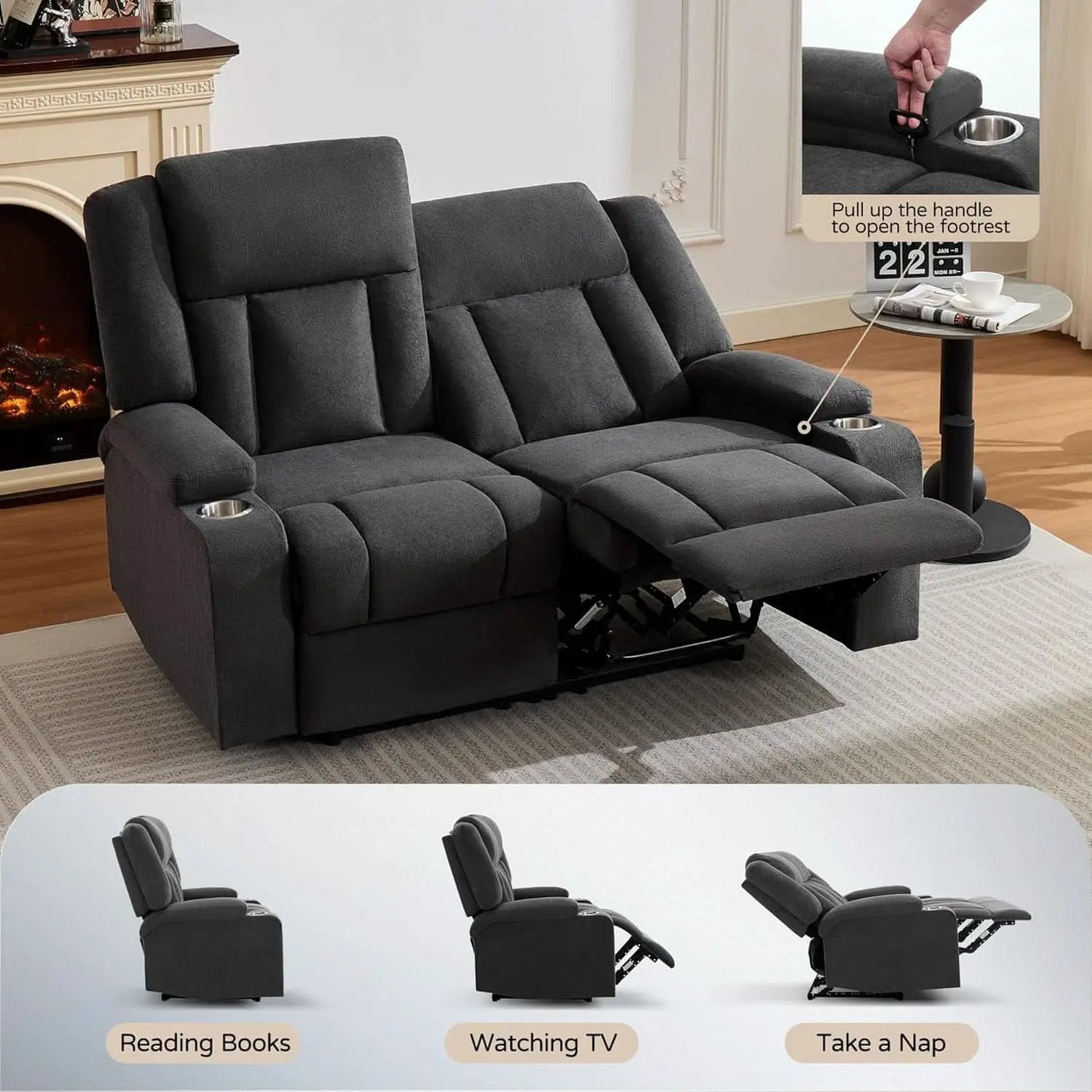 Dark Gray Two Seat Recliner Loveseat With Cup Holders from PriceLows™