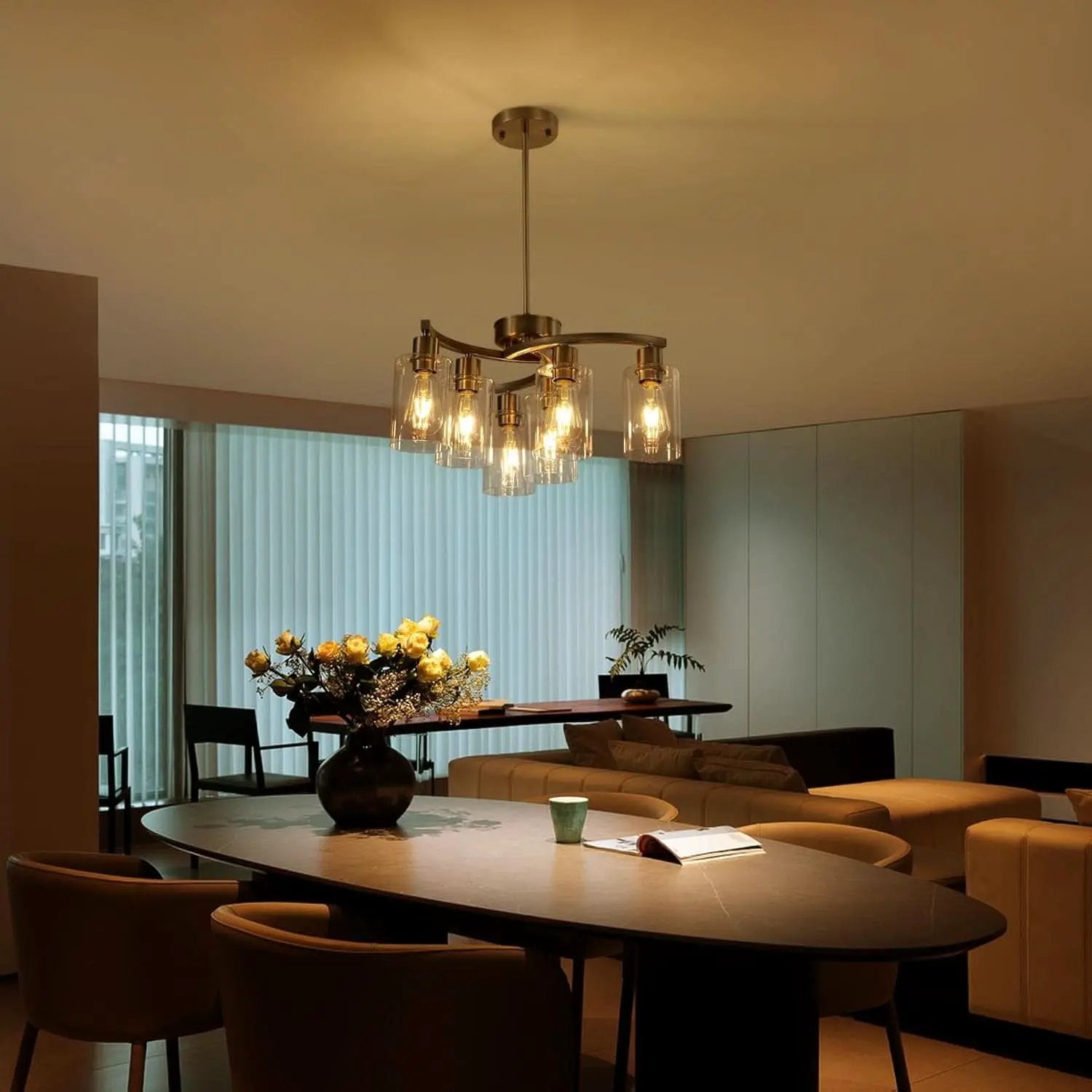 Six Light Brushed Nickel Industrial Glass Chandelier from PriceLows™