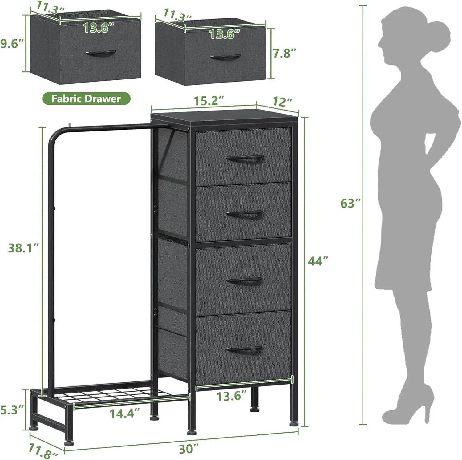 Dresser With Hanging Rack 44 Inch Tall Grey Four Drawer from PriceLows™