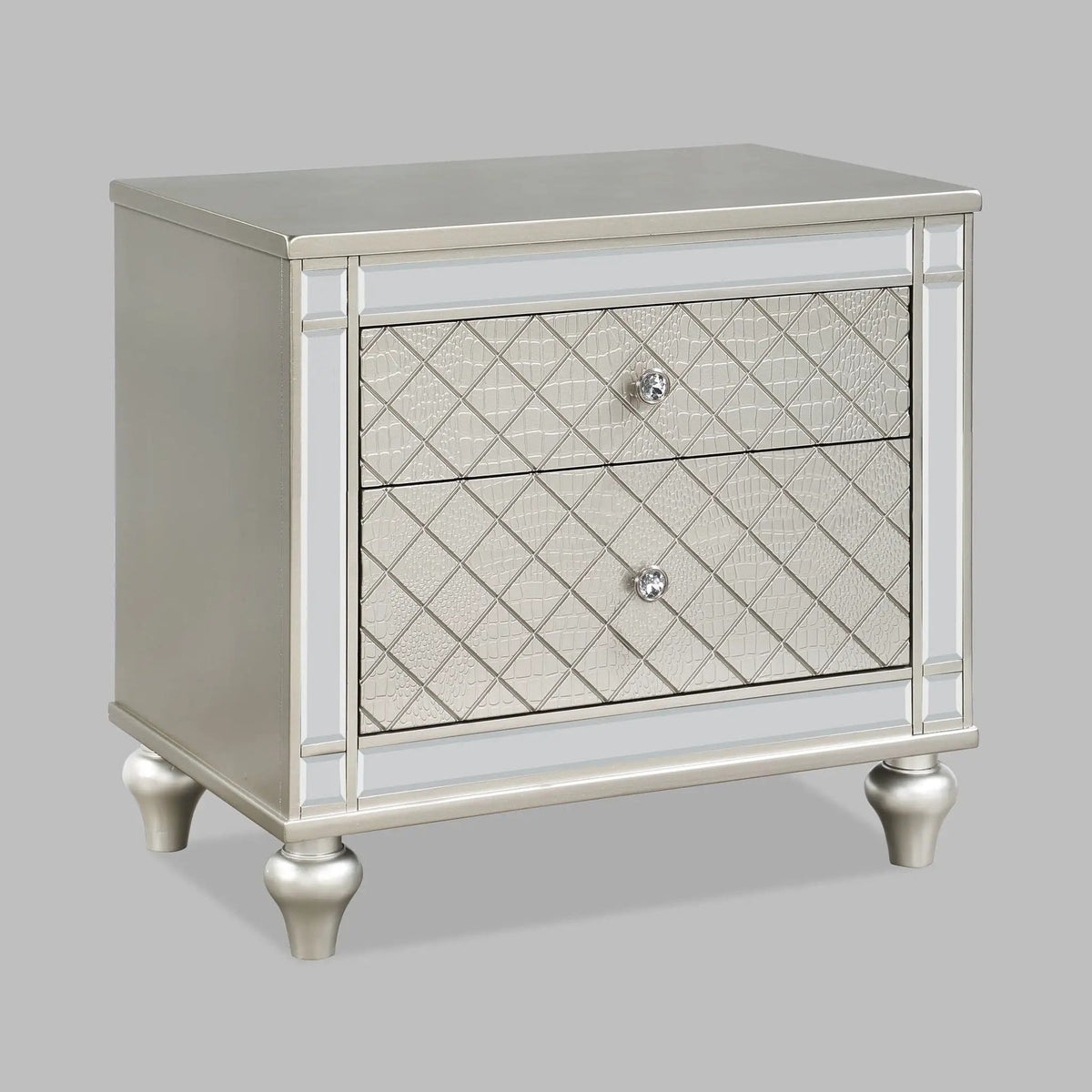 2 Drawer Nightstand With Diamond Patterned Fronts - | 28 x 18.3 x 26.5 in | 2-Drawer | Silver