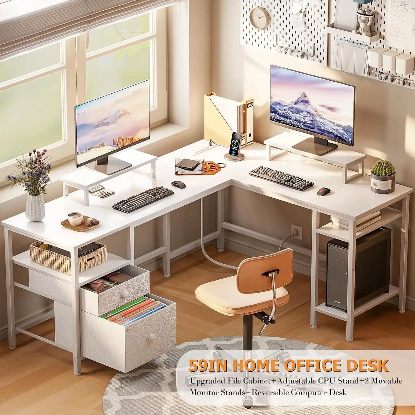White Fifty Nine Inch L Shaped Desk With Power Outlets from PriceLows™