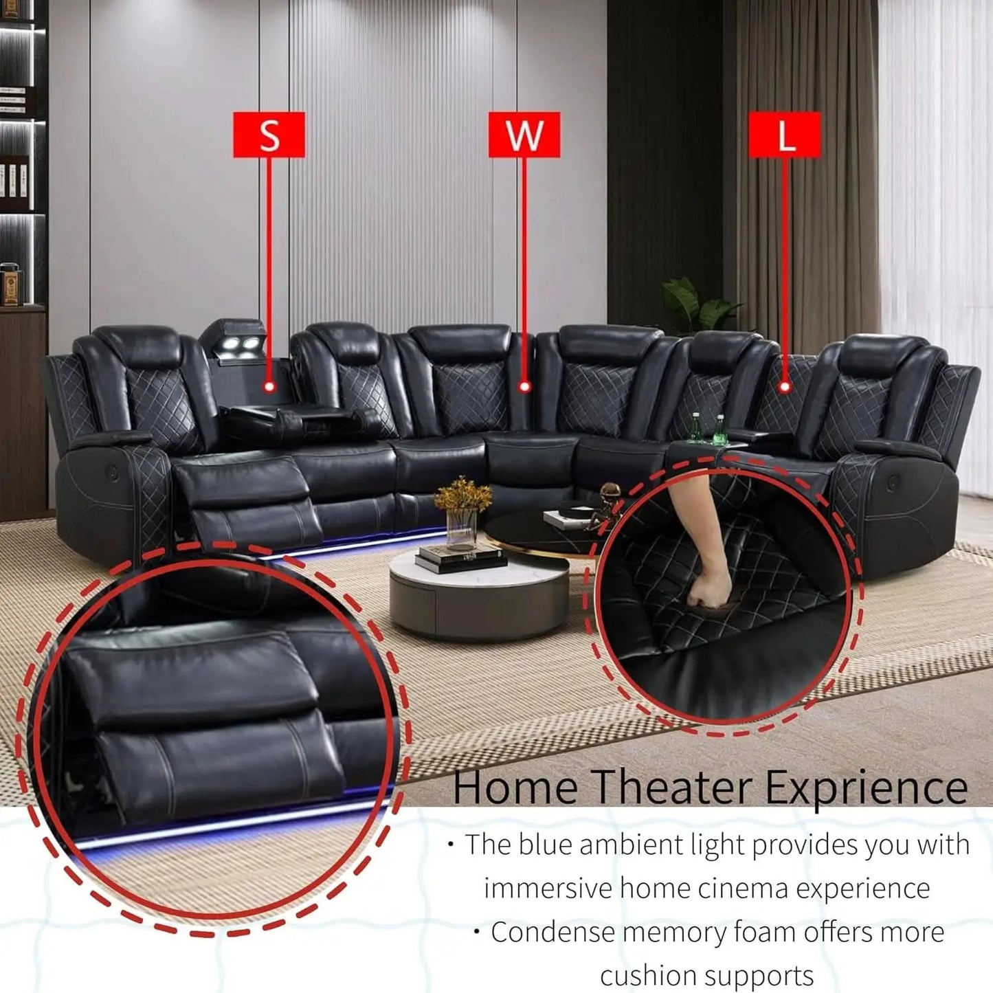 Power Recliner Sectional Sofa Black With LED Lights from PriceLows™