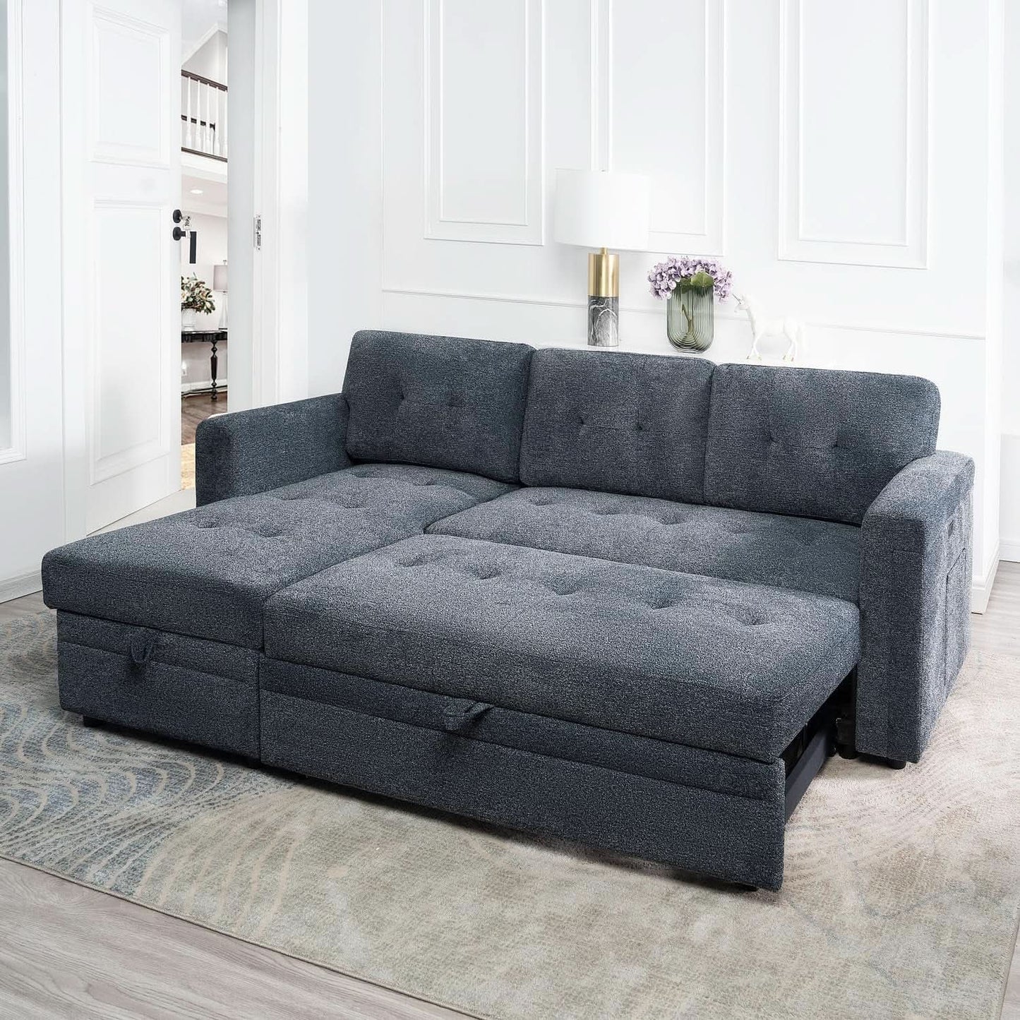 Gray Microfiber L Shape Sleeper Sofa With USB Ports Storage from PriceLows™