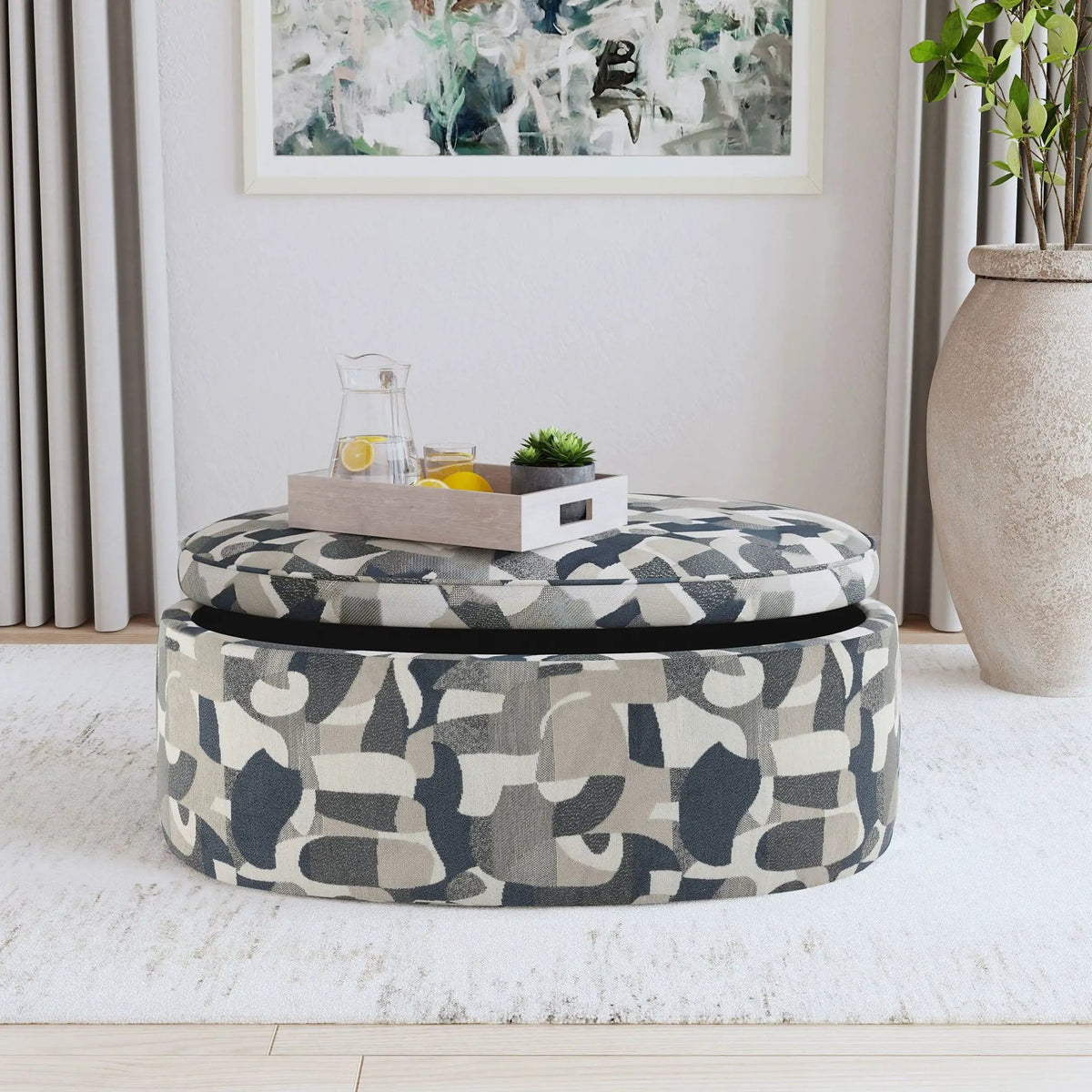 Tomkins Oval Upholstered Storage Ottoman Indigo | 39.25 x 27.5 x 16.5 in | Living Room Furniture | Blue
