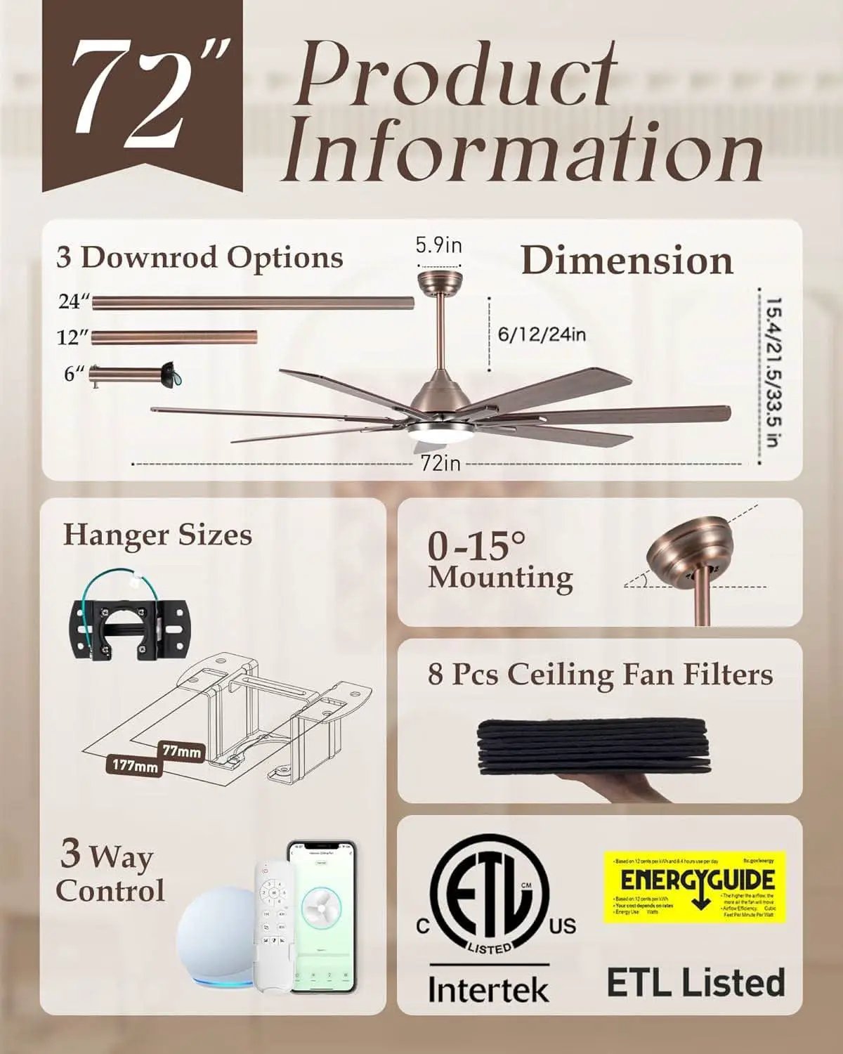 72 Inch Oil Rubbed Bronze Smart Outdoor Ceiling Fan from PriceLows™