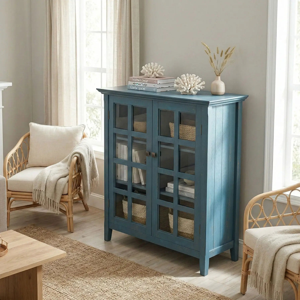 Acadian Storage Cabinet | Medium Handcrafted Solid Wood | Two Glass Doors | Two Adjustable Shelves