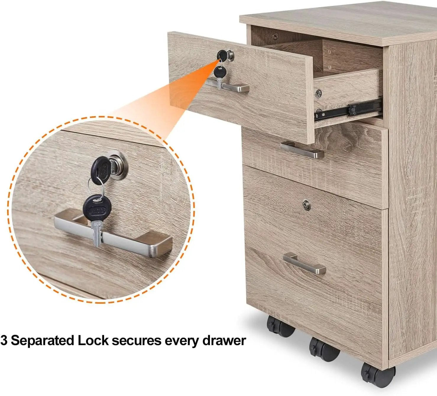 Oak 26 Inch High 3 Drawer File Cabinet With Lock For Letter Size Files And Mobile Under Desk from PriceLows™
