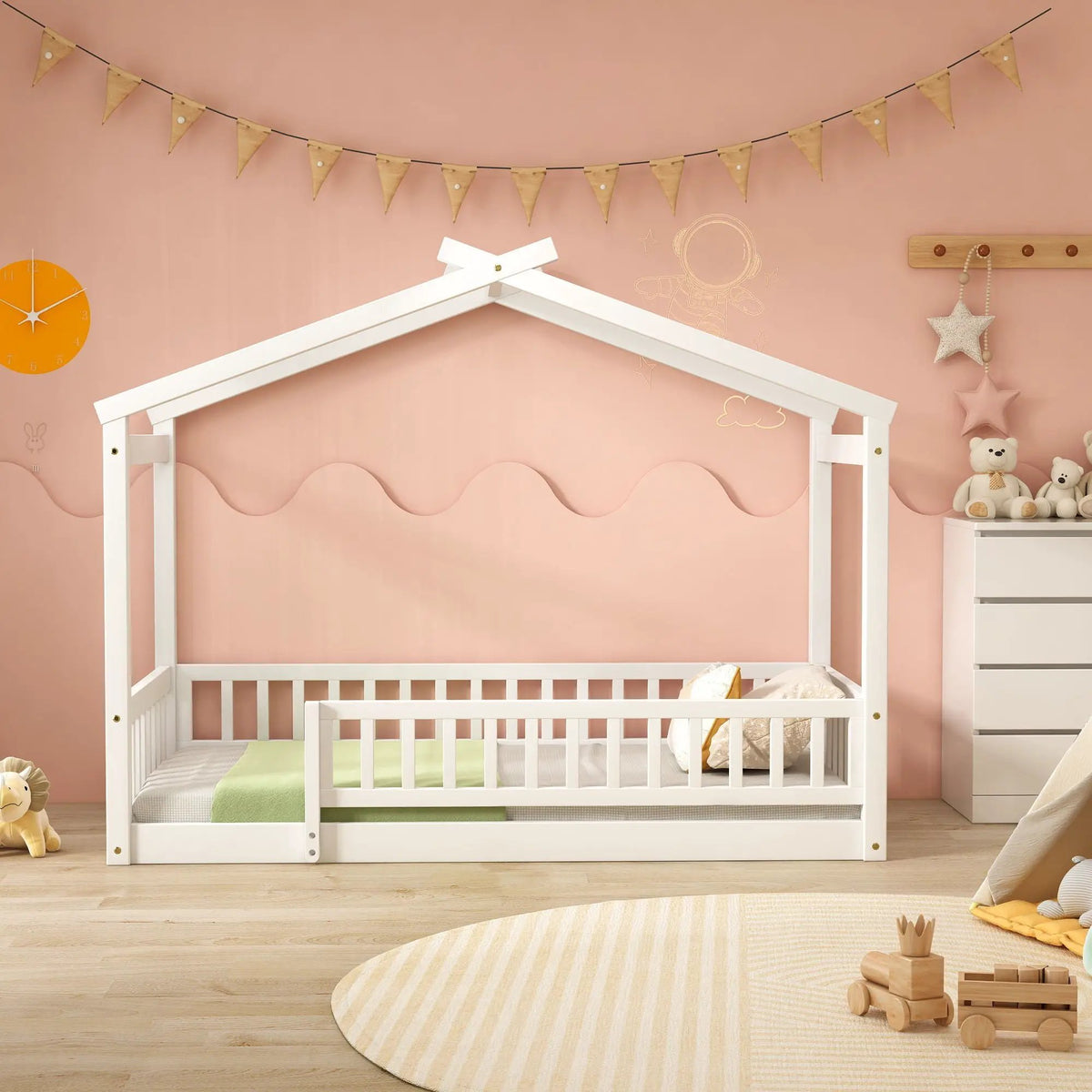 Kids Bed Frame | Playhouse Design | Roof And Fence | Toddler Size