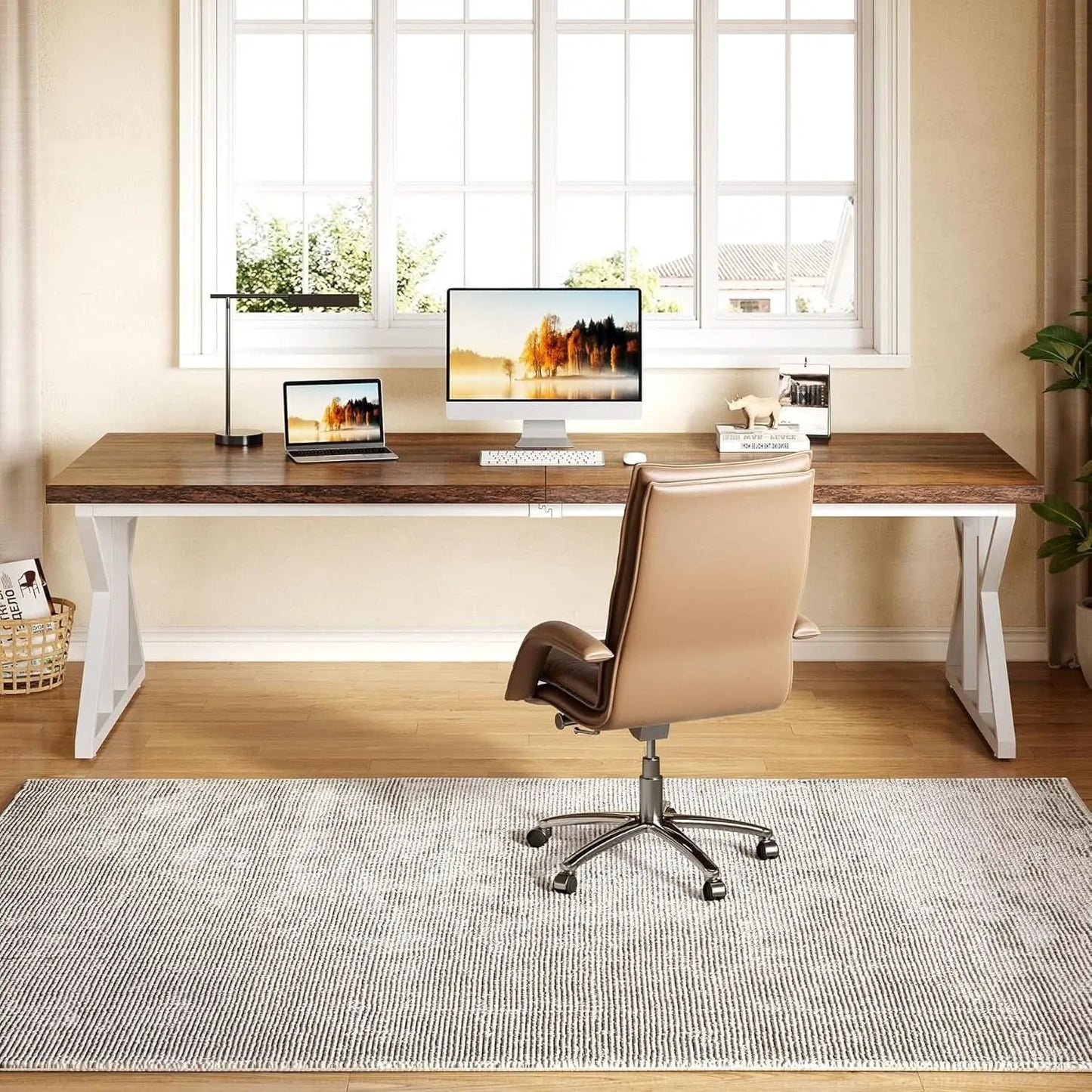 78.7 Inch Rustic Executive Desk For Home Office Brown-White from PriceLows™