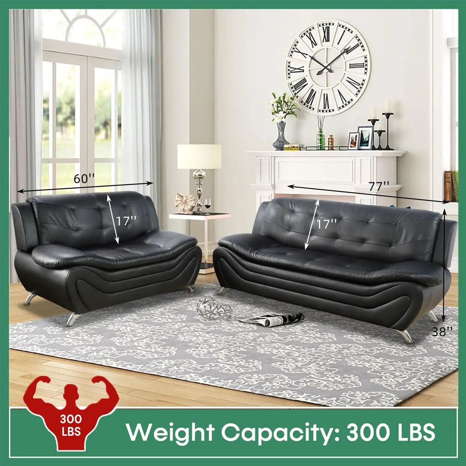 Leather Sofa Set 3 Piece With Loveseat And Armchair For Living Room Black from PriceLows™