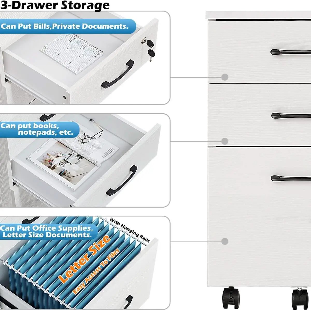 Three Drawer White Wood Mobile File Cabinet Under Desk Storage For Home Office Organization from PriceLows™