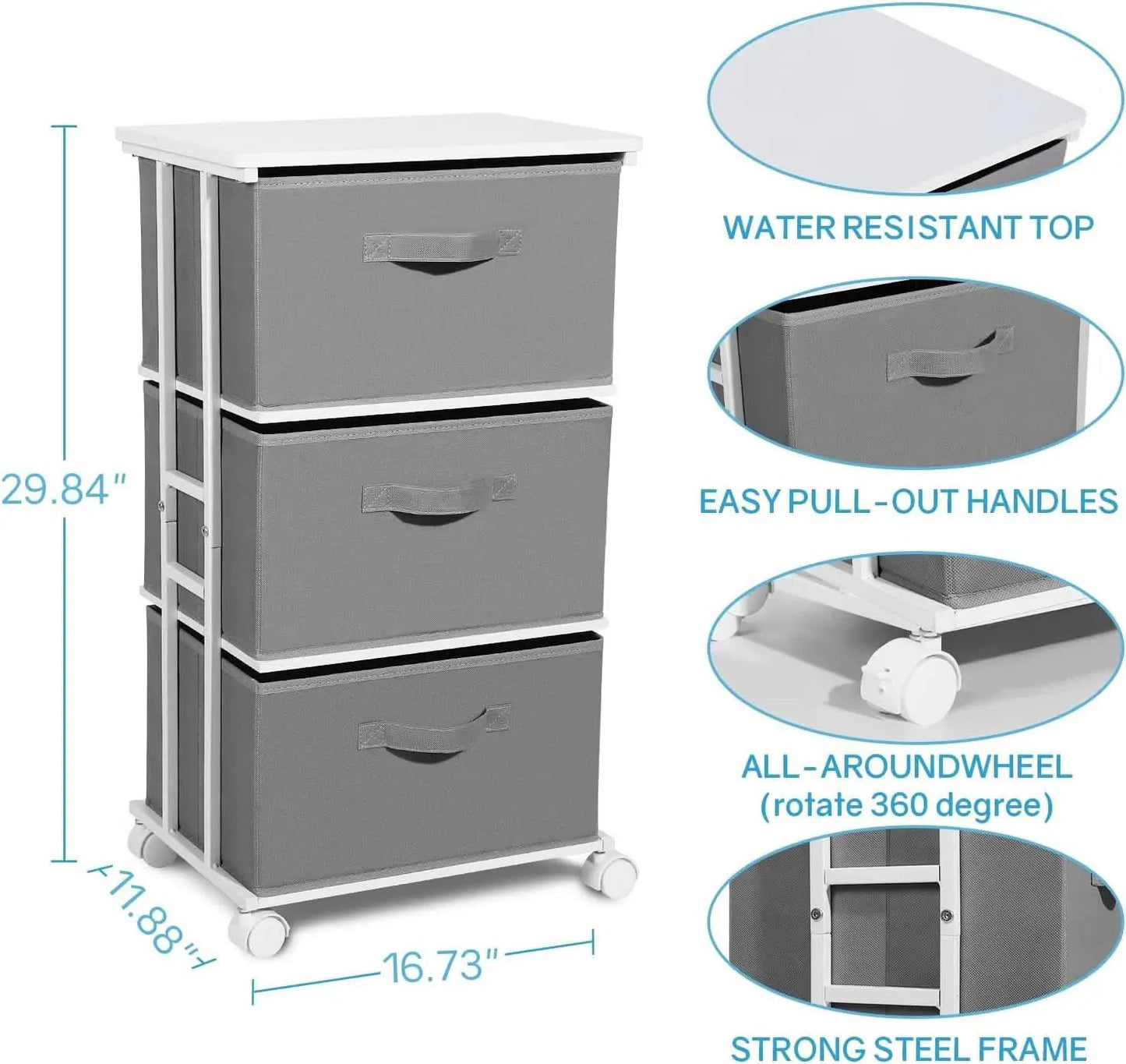 Dresser Tower 3 Drawer Dark Grey With Wood Top And Wheels from PriceLows™