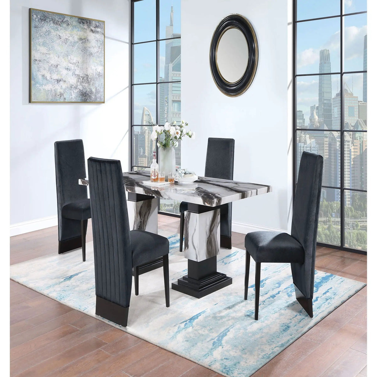 Dining Table Set | Faux Marble Finish | Pedestal Base | 4 Chairs
