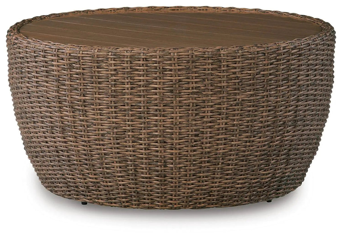 Double Point Round Cocktail Table | 36.38 x 36.38 x 17.75 in | Wicker & Stainless Steel | Beige