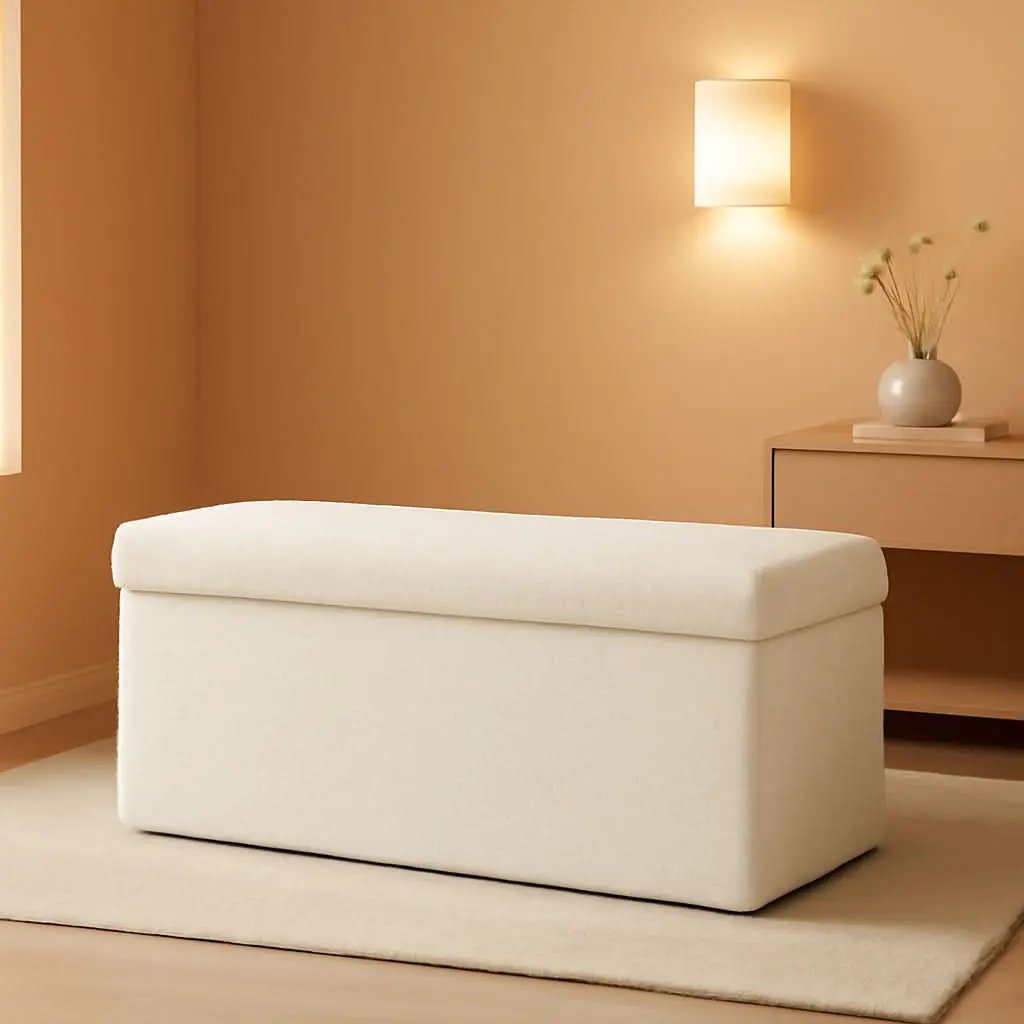 Cream White Faux Fur Storage Ottoman 43.3 Inch Dimensions from PriceLows™