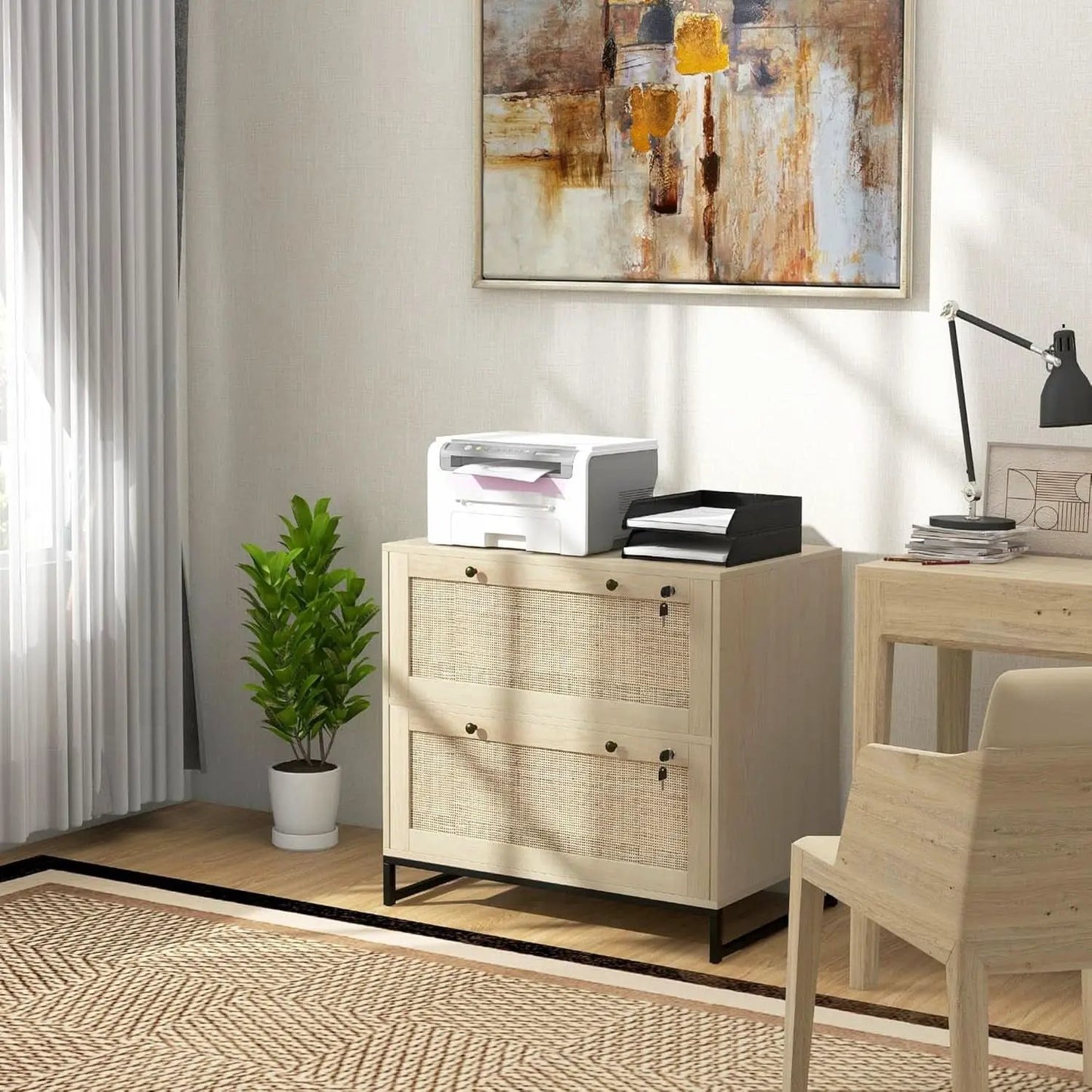 Two Drawer Rattan File Cabinet With Lock, Printer Stand And Adjustable Bars For Letter A4 Legal Files Natural Finish from PriceLows™