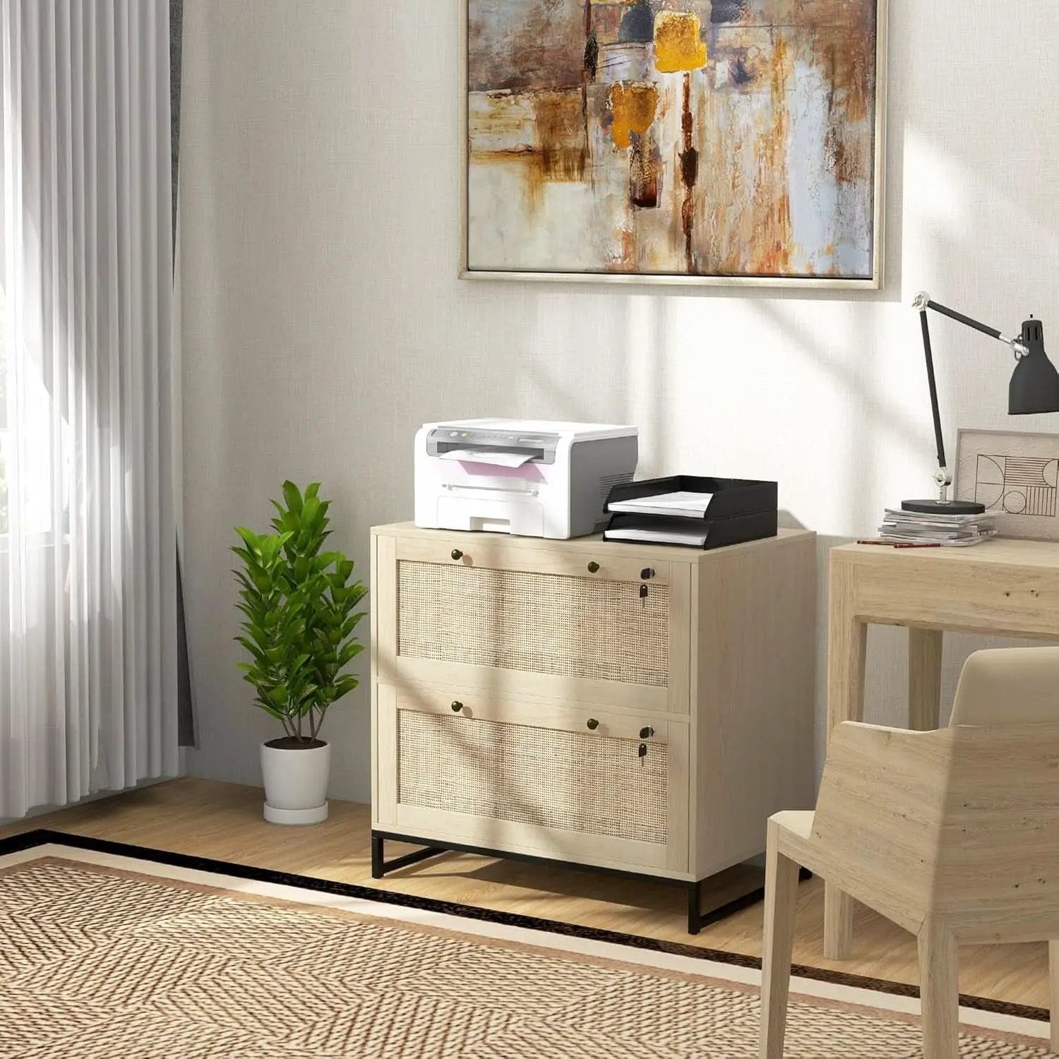 Two Drawer Rattan File Cabinet With Lock, Printer Stand And Adjustable Bars For Letter A4 Legal Files Natural Finish from PriceLows™