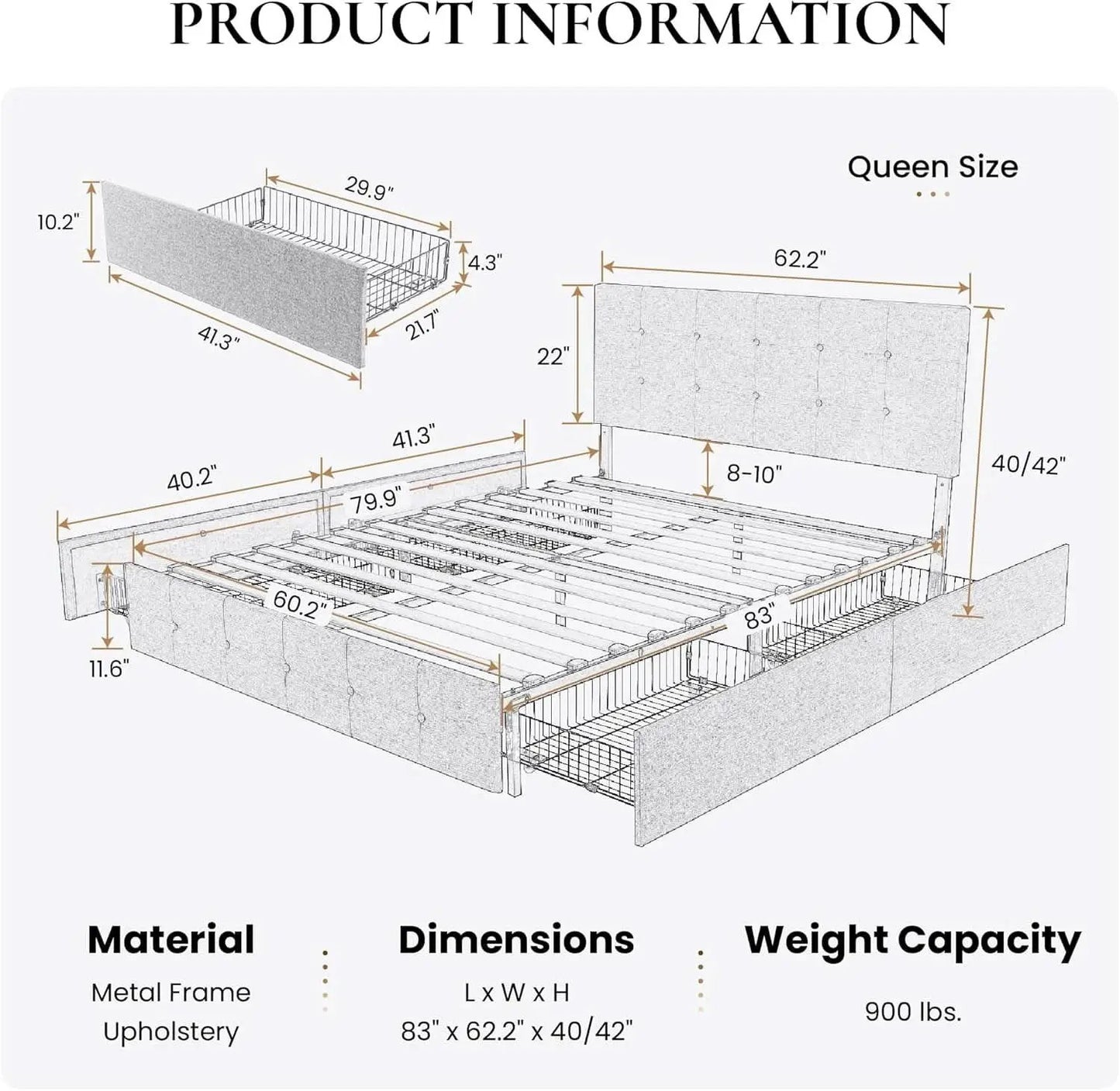 Upholstered Queen Platform Bed Frame With 4 Storage Drawers from PriceLows™