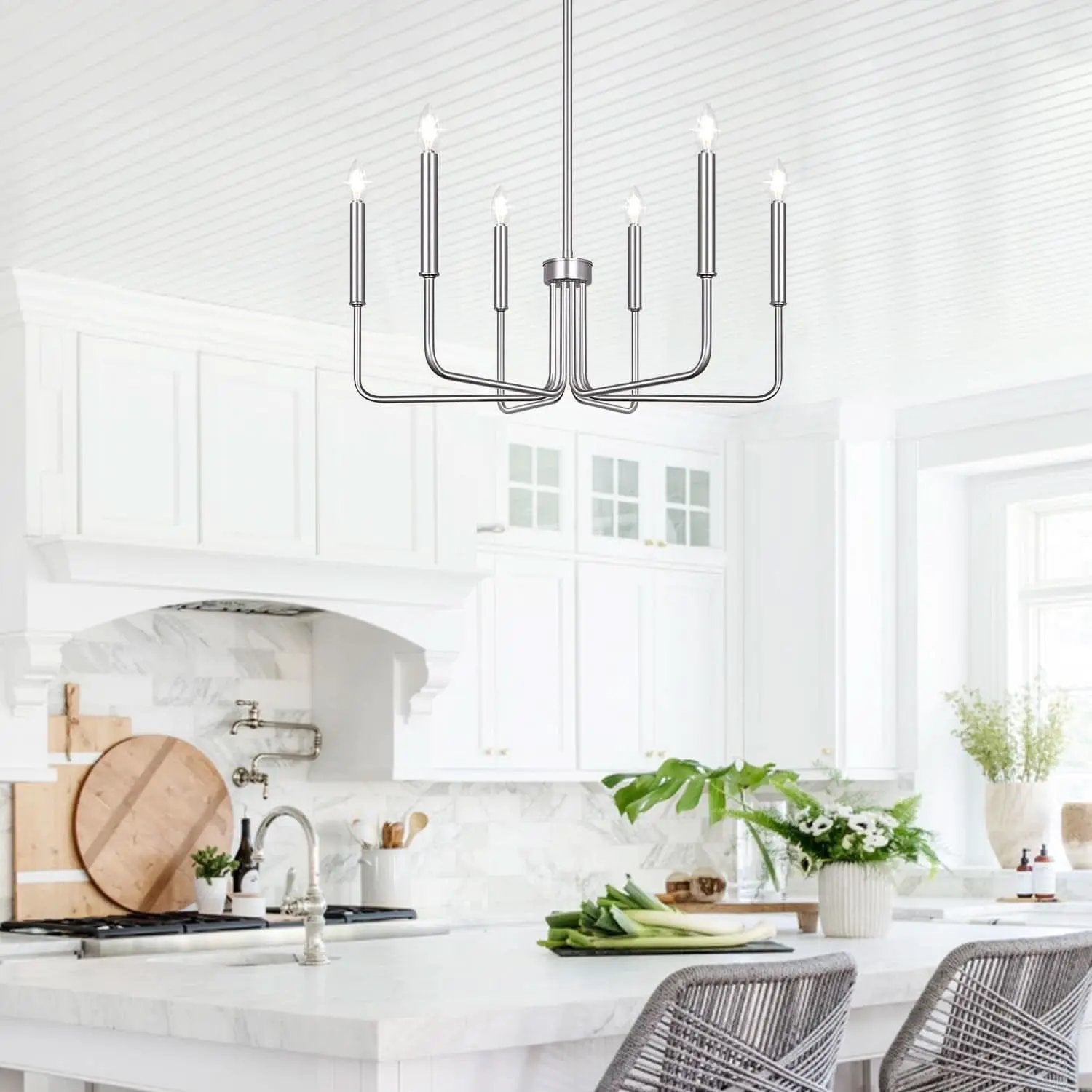 6 Light Brushed Nickel Farmhouse Chandelier For Dining Room from PriceLows™