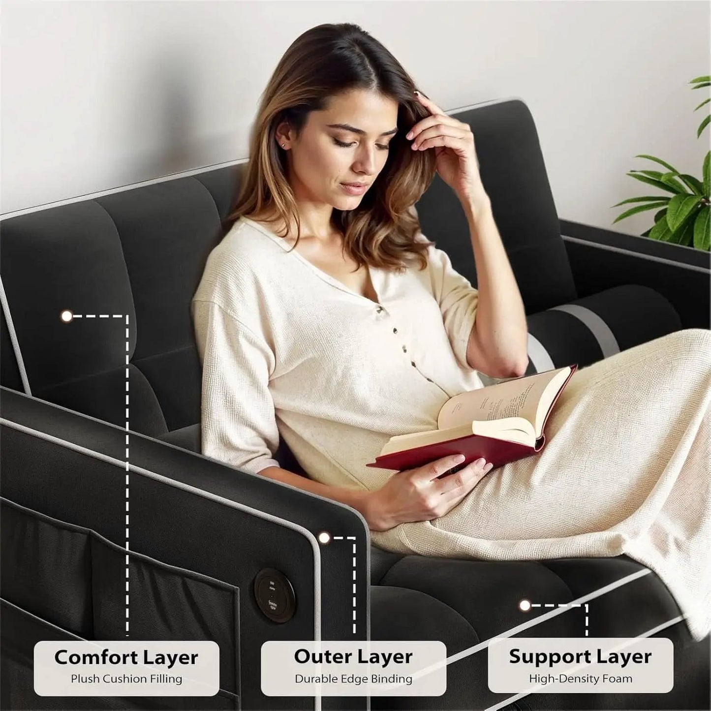 Charcoal Velvet Multifunctional Sleeper Sofa Bed USB from PriceLows™