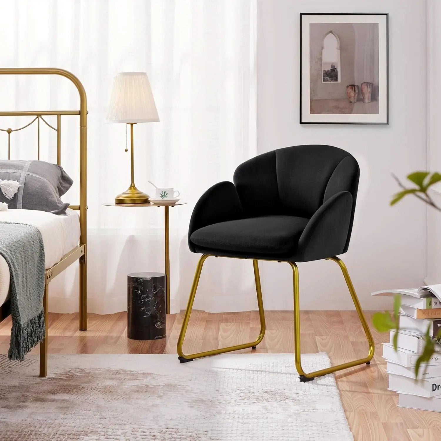 Modern Black Velvet Flower Armchair With Gold Legs from PriceLows™